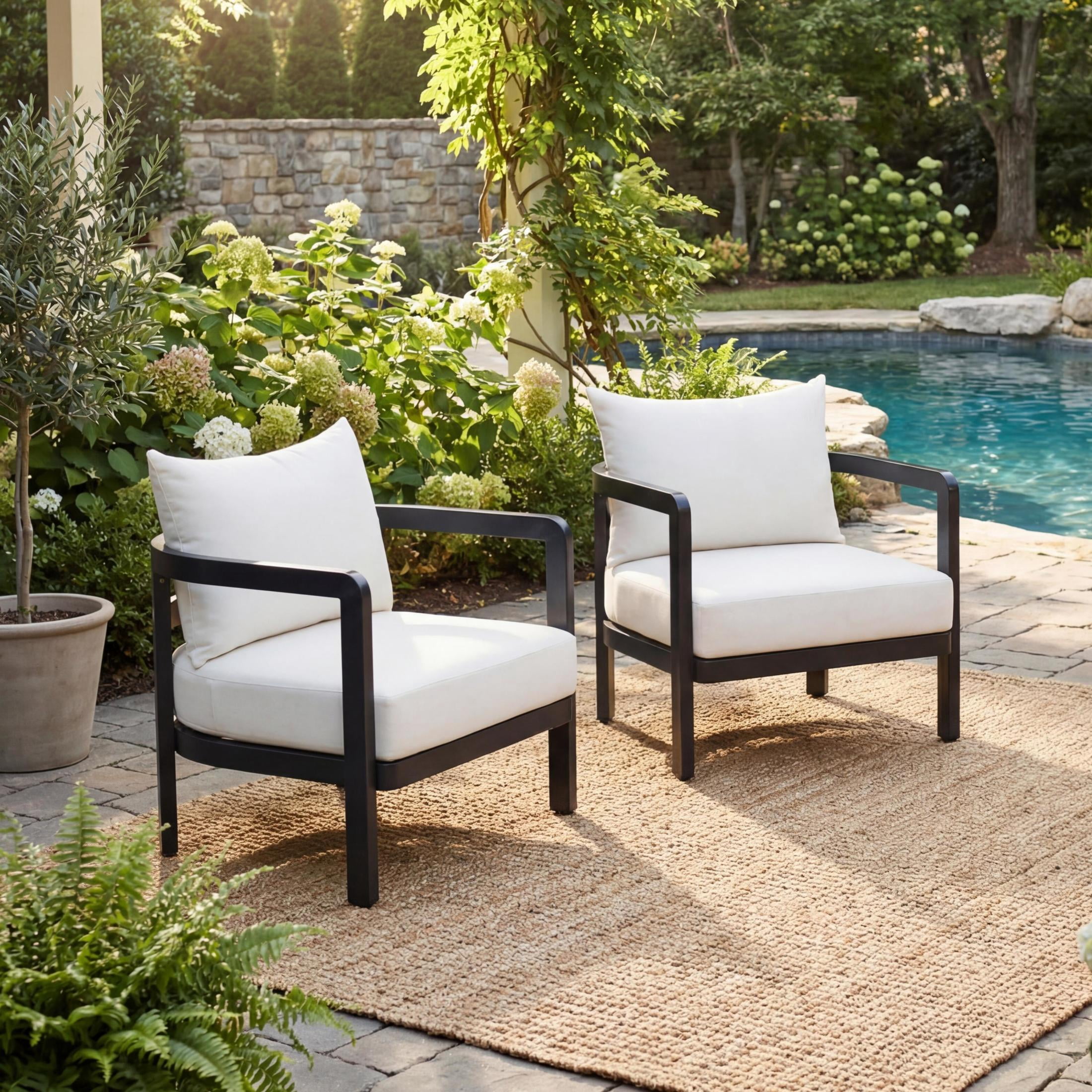 Christopher Knight Home Outdoor Lounge Chair Set of 2, Aluminum Frames with Cushions, Black + Beige