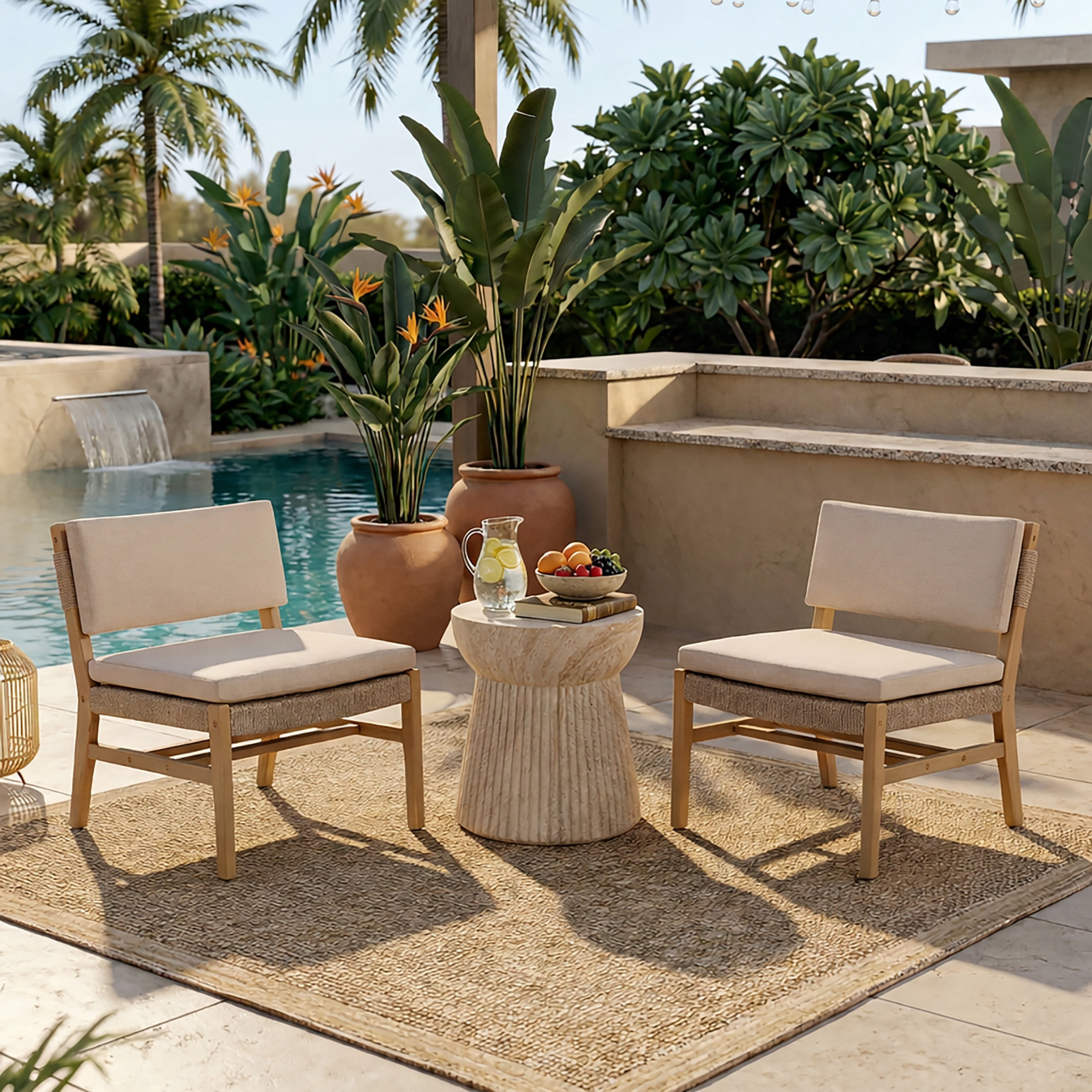 Christopher Knight Home Outdoor Lounge Chair Set of 2, Wood Frame with Rope Weave, Light Teak + Beige