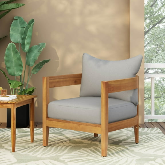 Christopher Knight Home Outdoor Lounge Chair with Tub Backrest, Solid Wood Frame, Gray Cushion