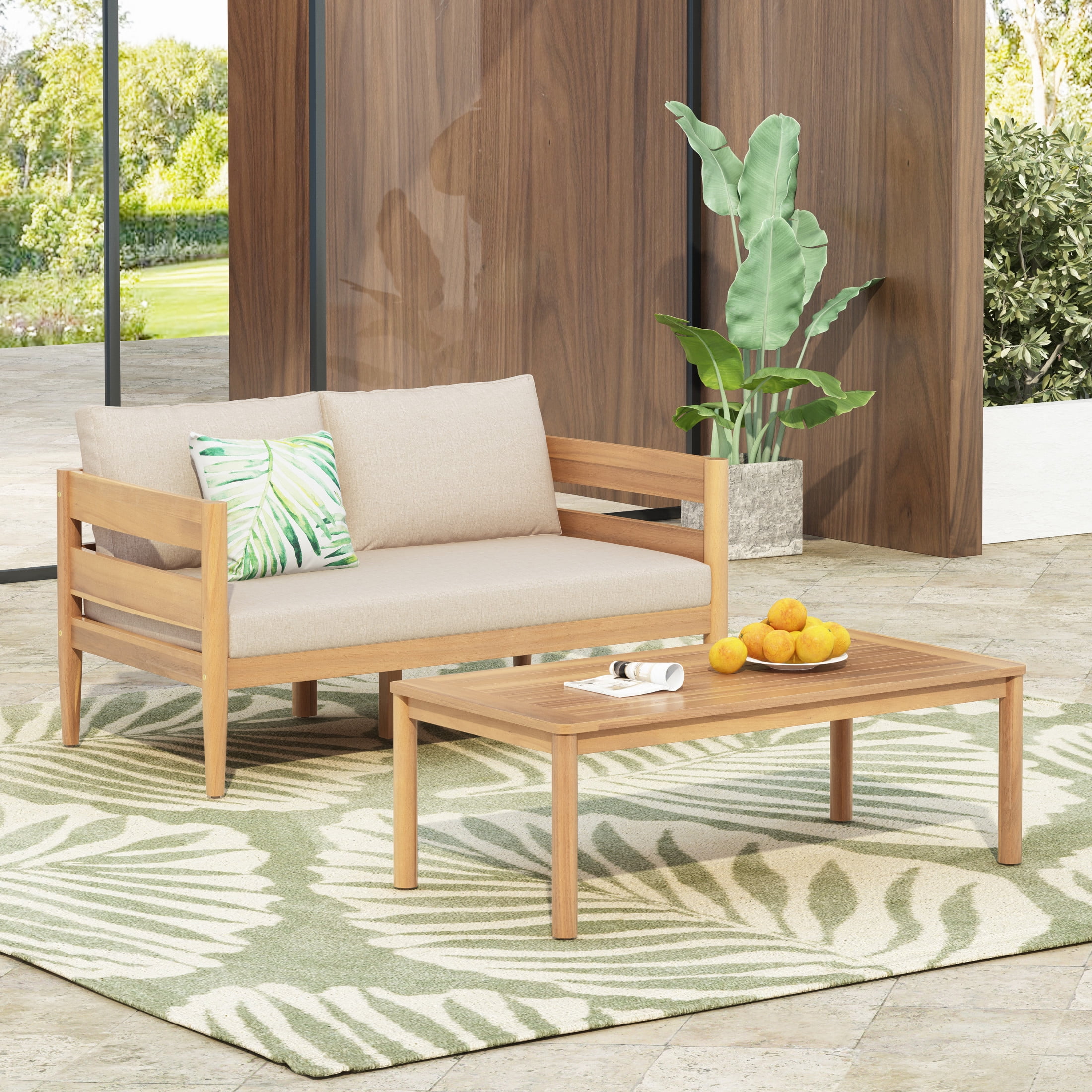 Christopher Knight Home Outdoor Loveseat with Coffee Table, Curved Backrest and Slatted Seat, Beige Cushions