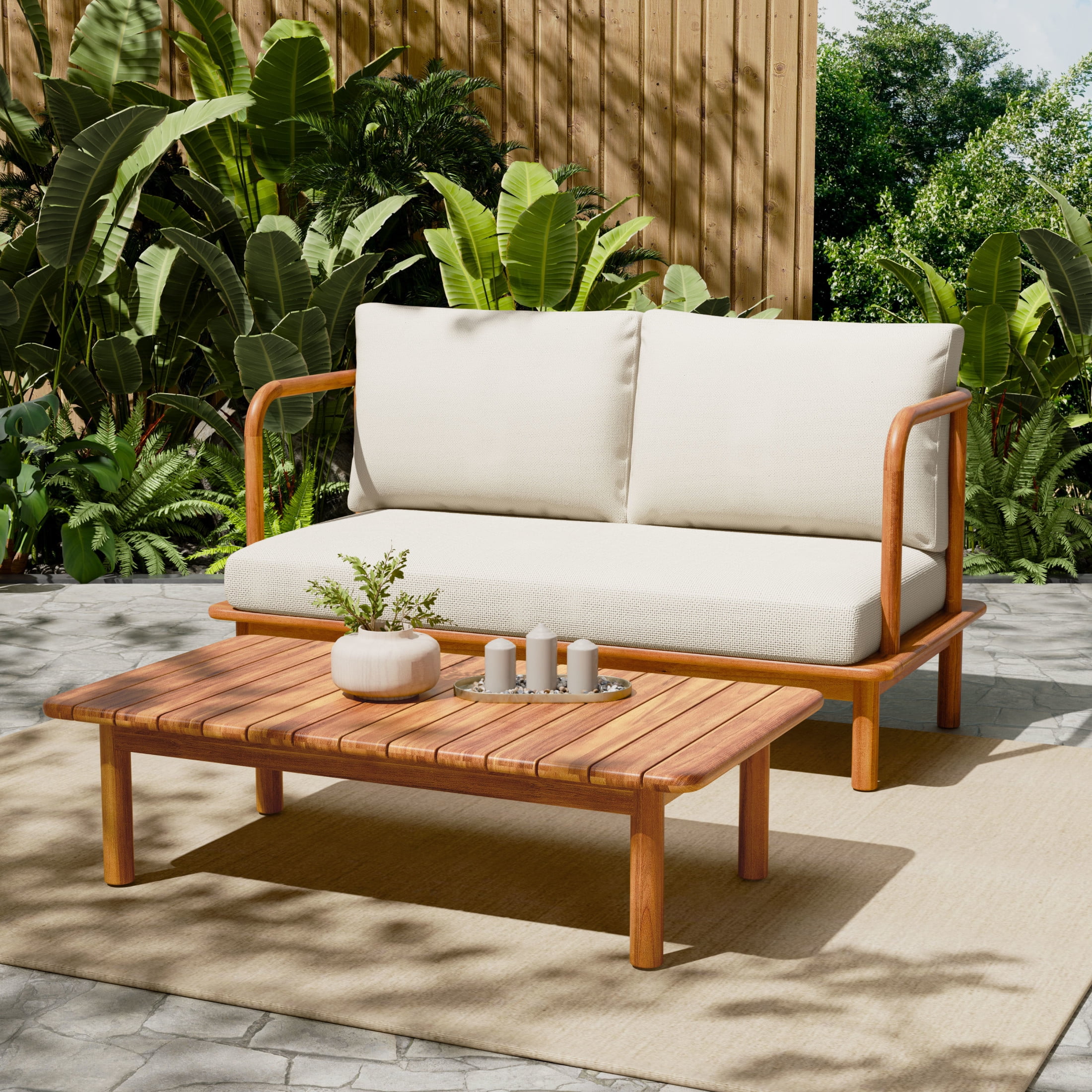 Christopher Knight Home Outdoor Loveseat with Coffee Table Set, Patio Chat Set with Cream Cushions