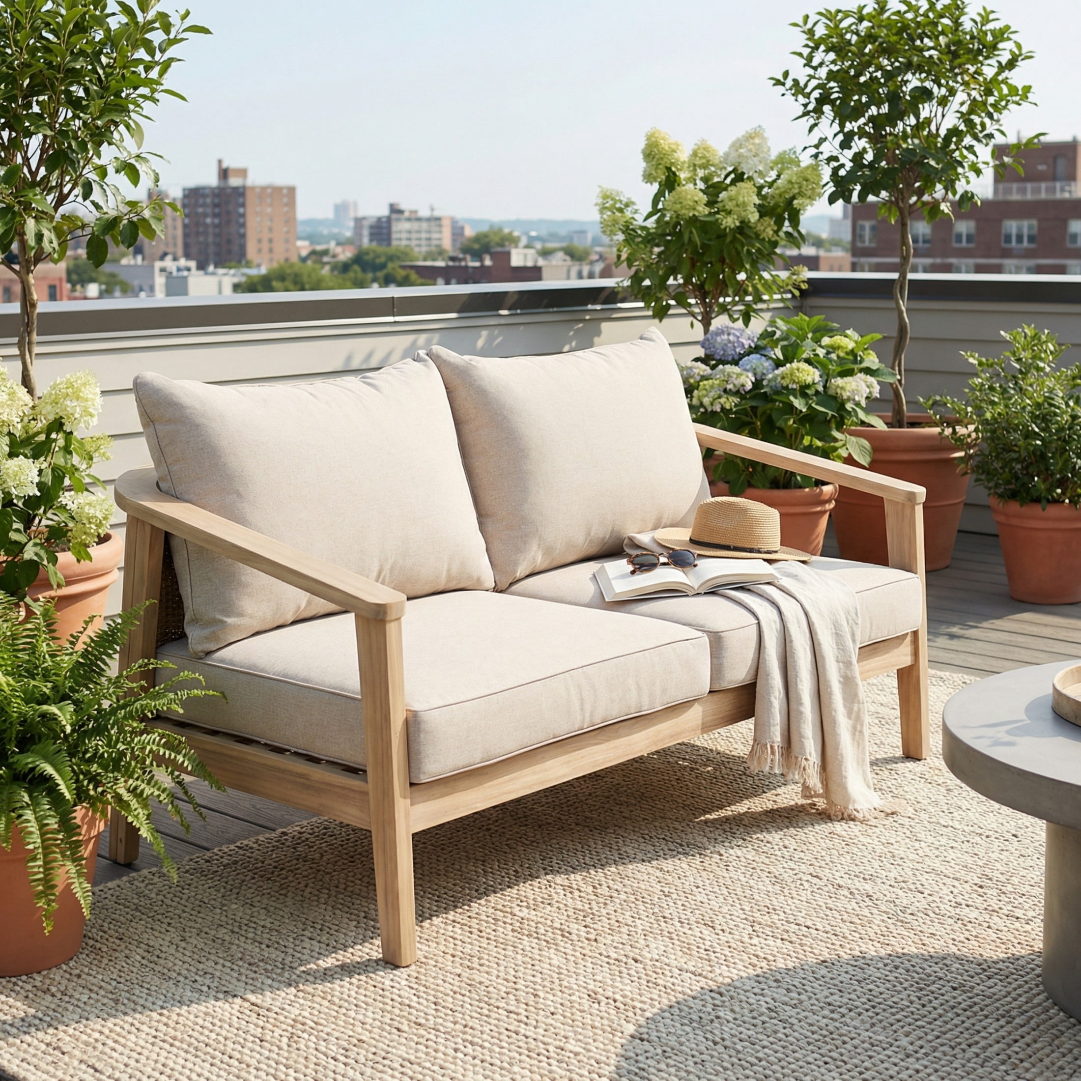 Christopher Knight Home Outdoor Loveseat with Cushions, Wicker Backrest, Light White + Beige