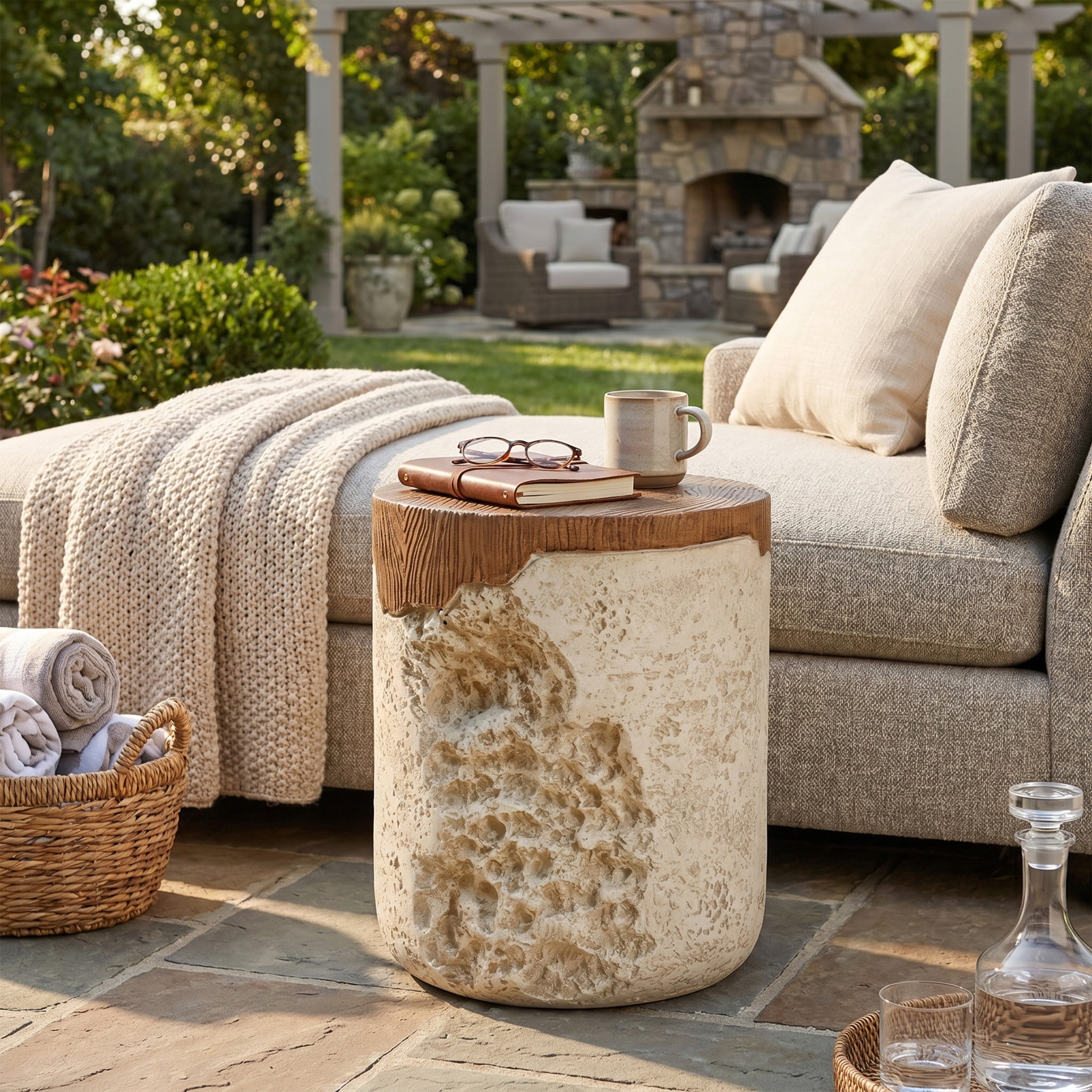 Christopher Knight Home Outdoor MGO Round Accent Side Table, Rustic Textured with Wood Grain Top, Beige