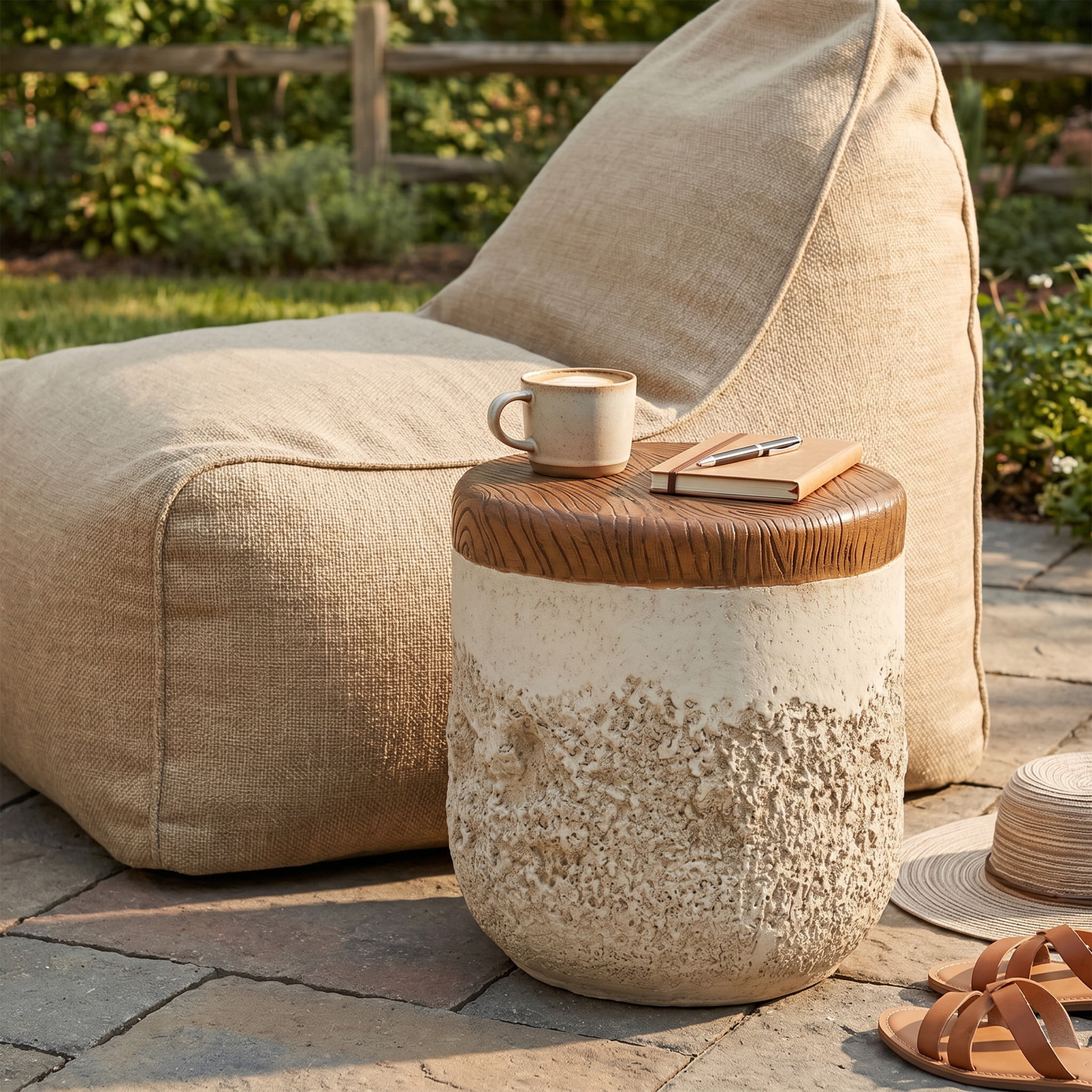 Christopher Knight Home Outdoor MGO Round Side Table with Faux Wood Grain Top, Dual-Texture, Beige