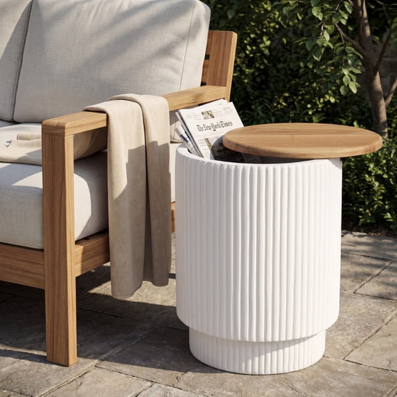 Christopher Knight Home Outdoor MGO Side Table with Storage, Round End Table with Acacia Wood Lid, White
