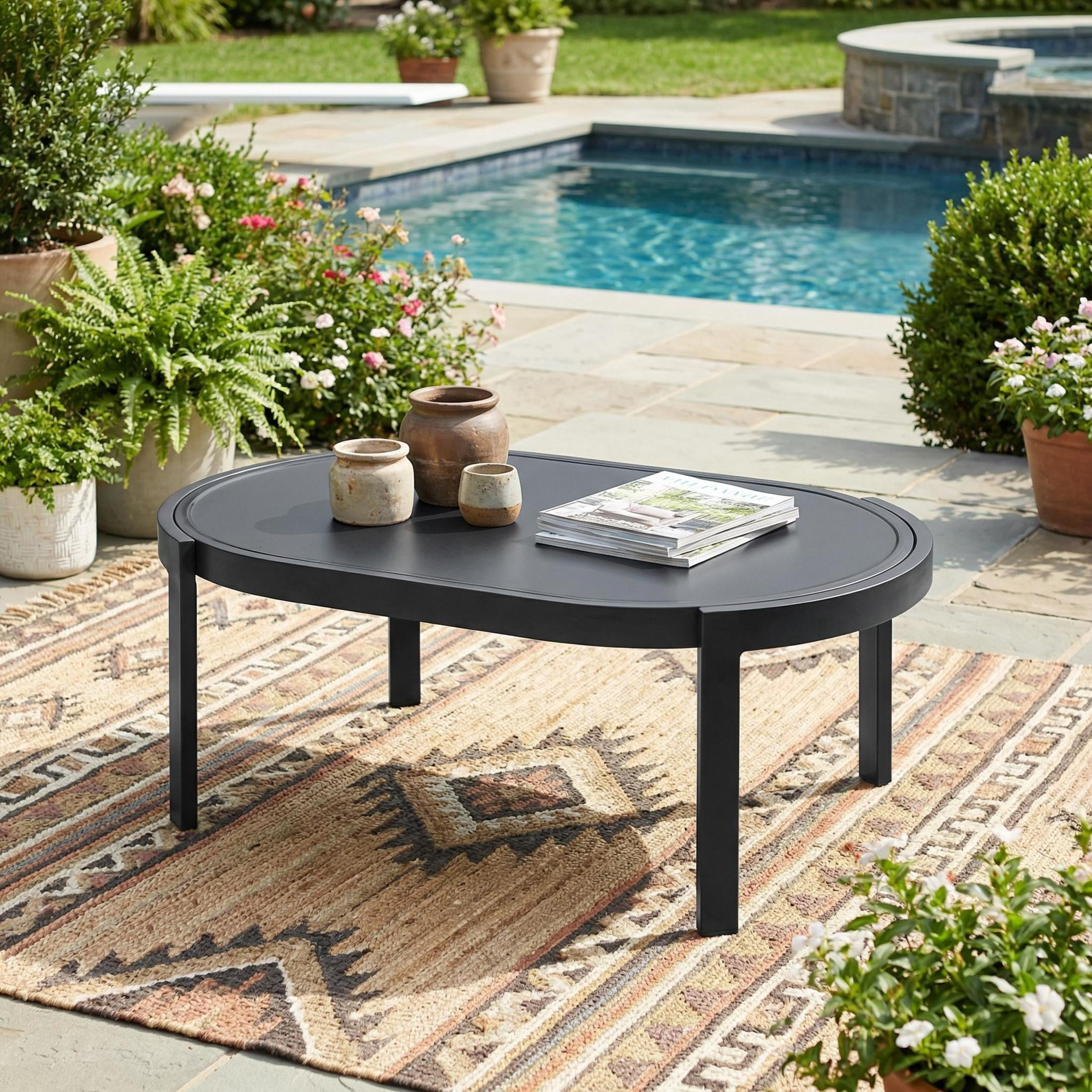 Christopher Knight Home Outdoor Oval Coffee Table, Aluminum Frame with Tempered Glass Top, Black