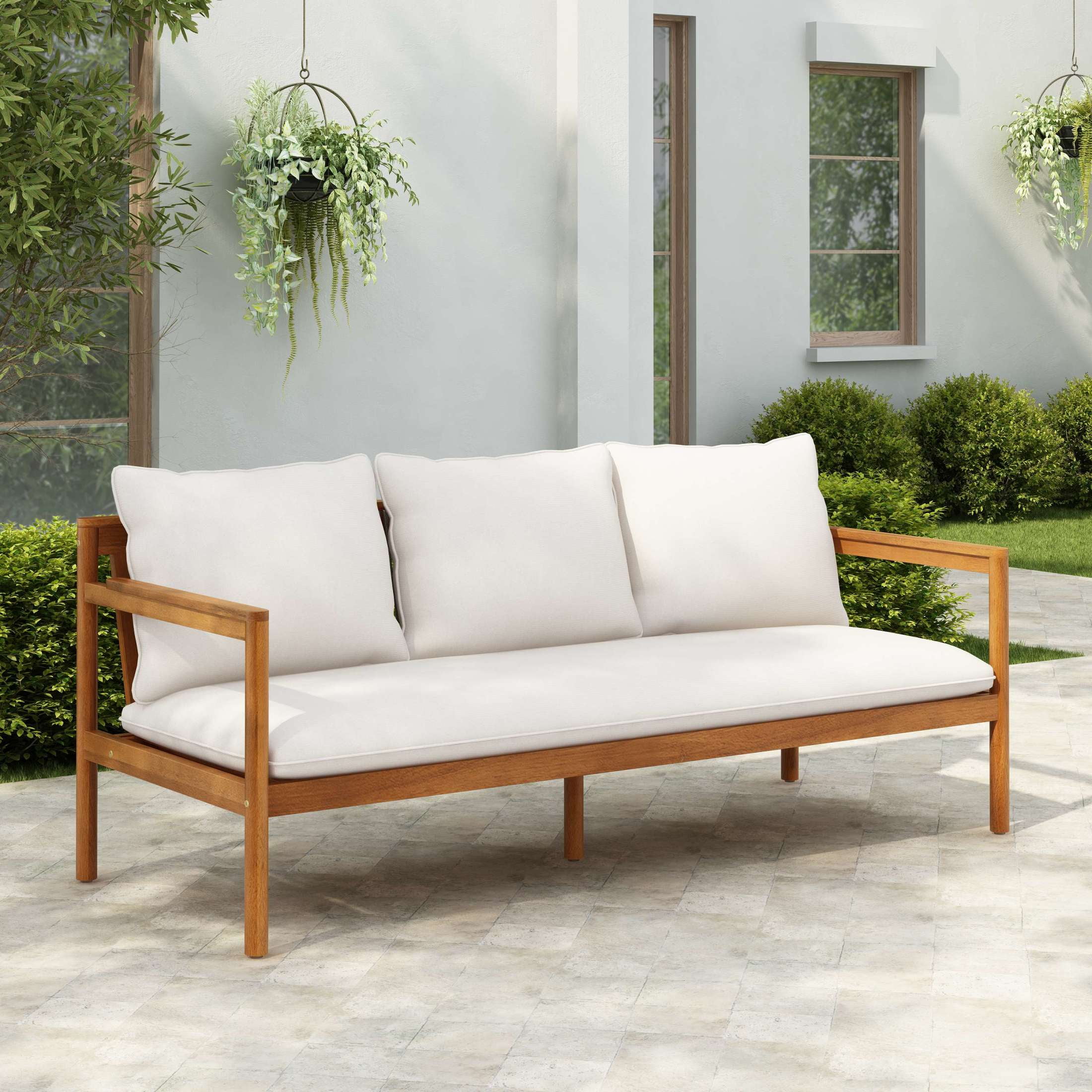 Christopher Knight Home Outdoor Patio 3-Seater Sofa with Rope Back and Cushions, Acacia Wood Frame, Cream+Teak
