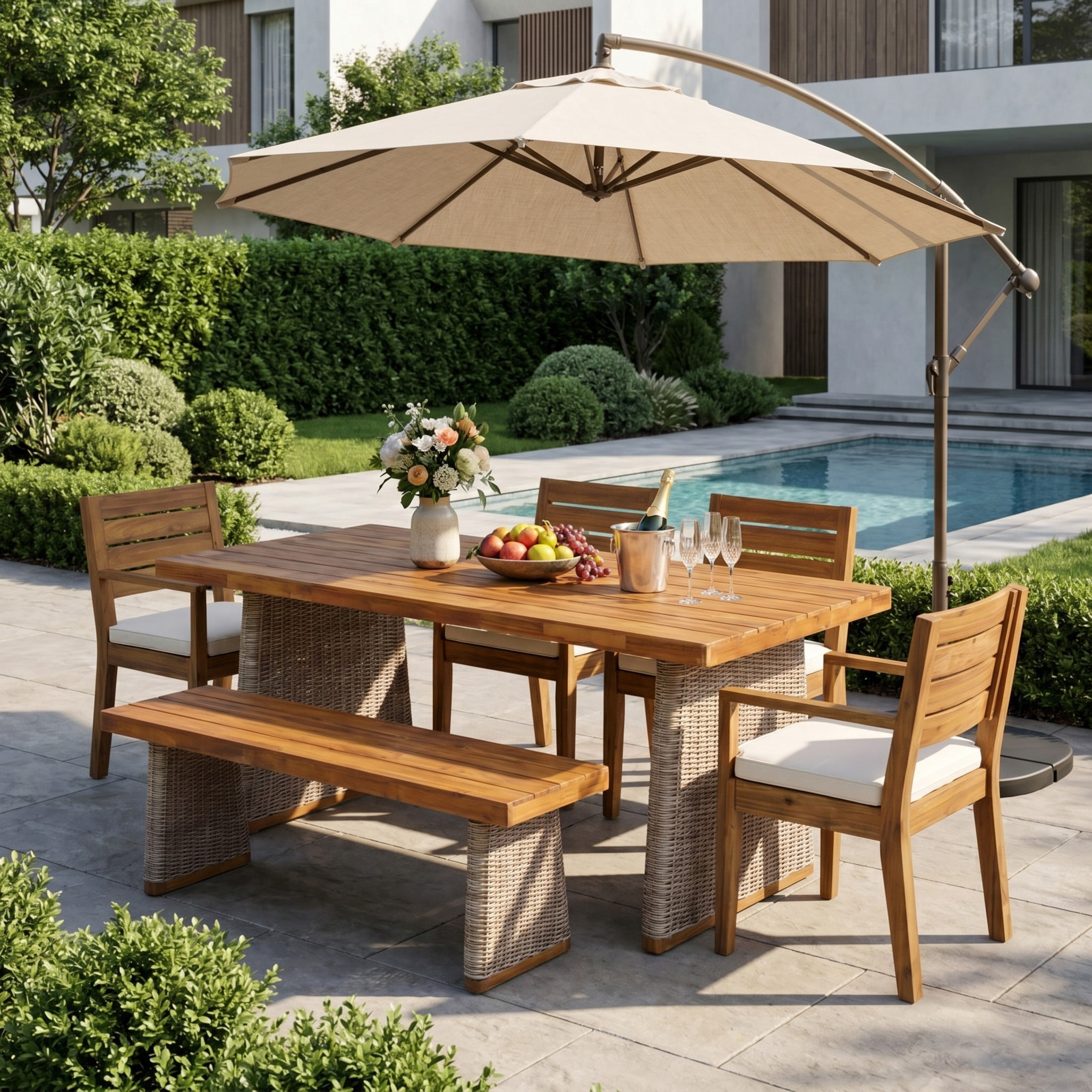 Christopher Knight Home Outdoor Patio 6-Piece Dining Set with Chairs, Bench and Table, Beige Cushions