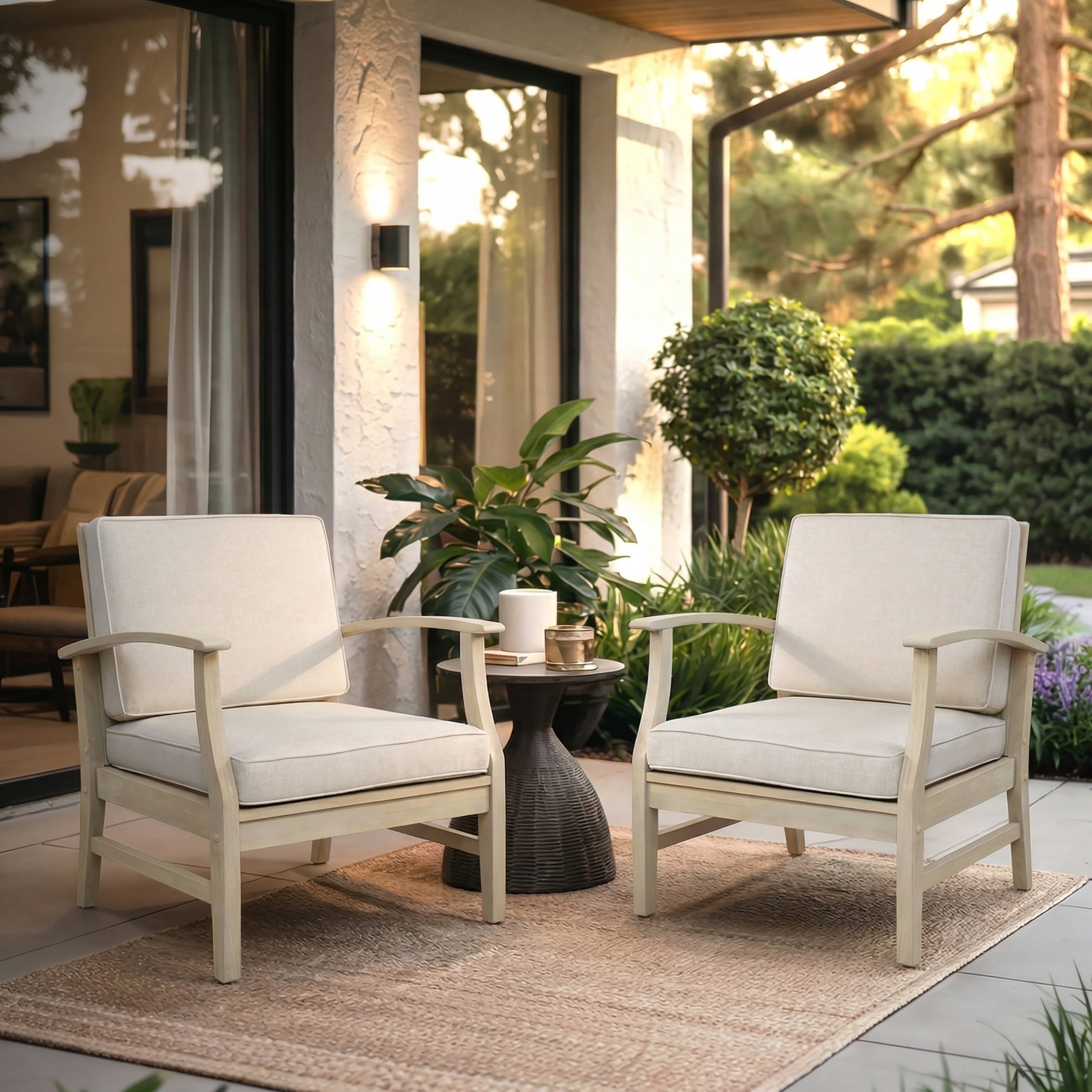 Christopher Knight Home Outdoor Patio Acacia Wood Club Chair with Sand Cushion, Light White Finish, Set of 2