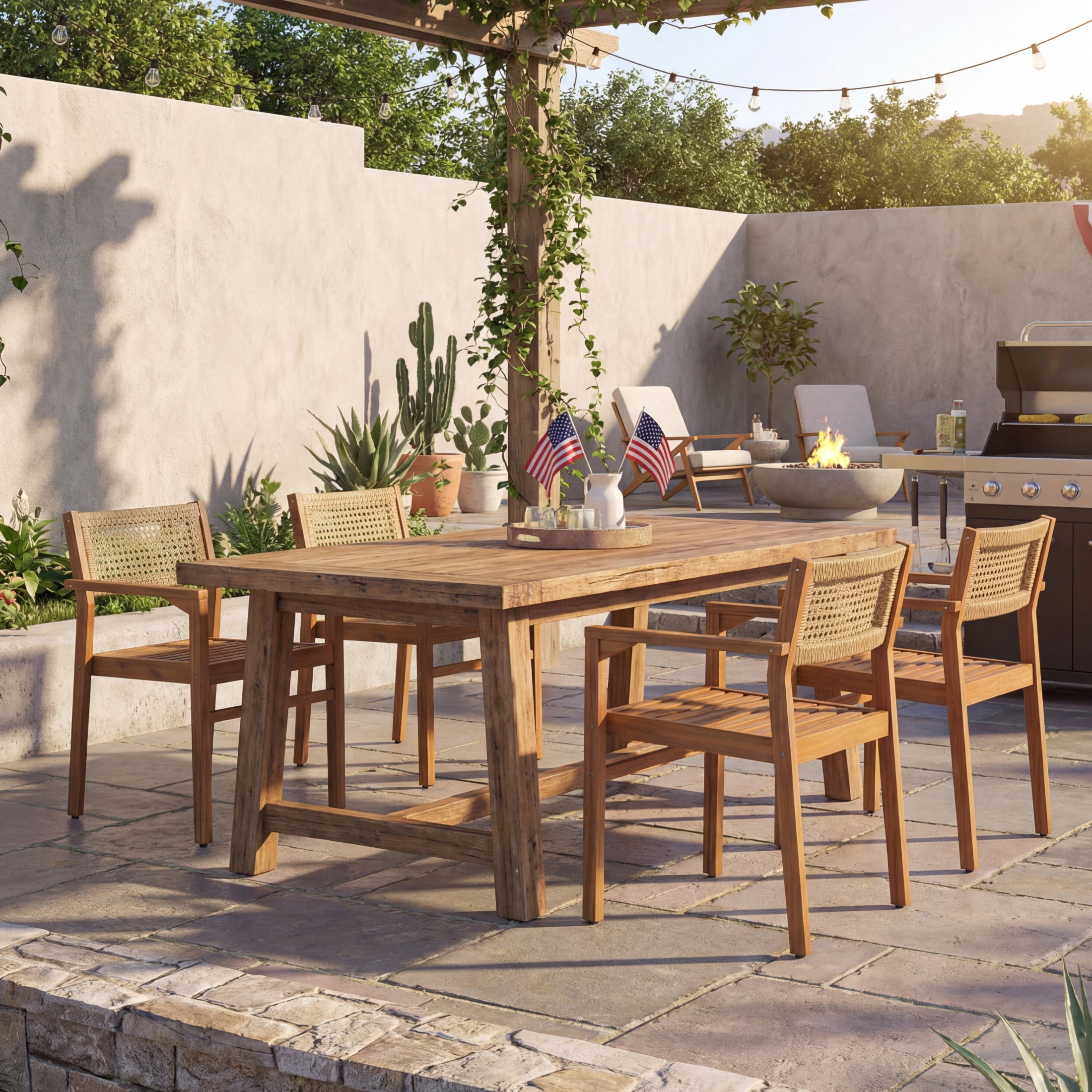 Christopher Knight Home Outdoor Patio Acacia Wood Dining Chair with Wicker Backrest, Natural Stained, Set of 4