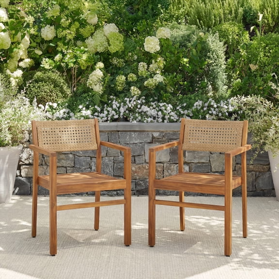 Christopher Knight Home Outdoor Patio Acacia Wood Dining Chair with Wicker Backrest, Teak, Set of 2
