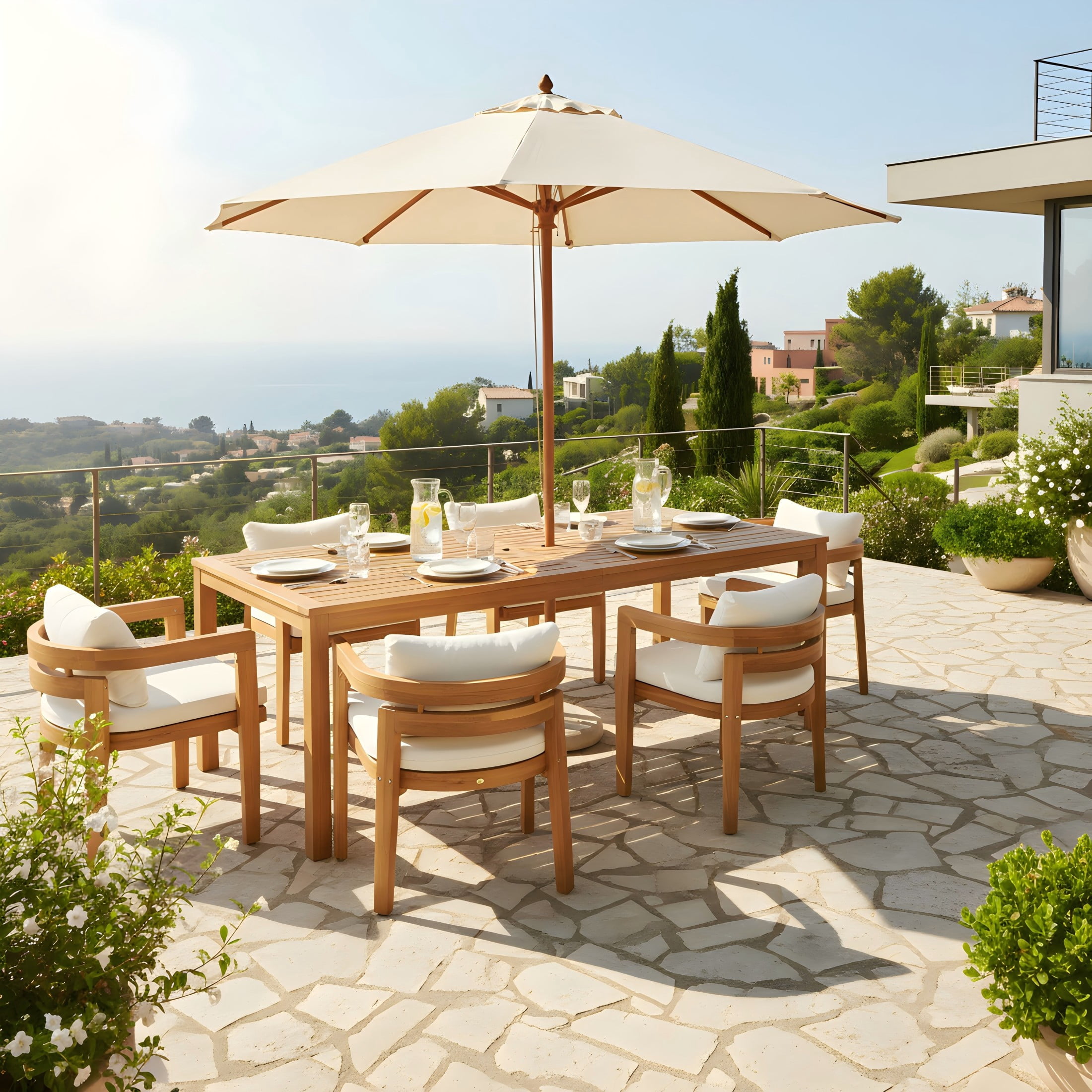 Christopher Knight Home Outdoor Patio Acacia Wood Dining Chairs with Beige Cushions, Teak, Set of 6