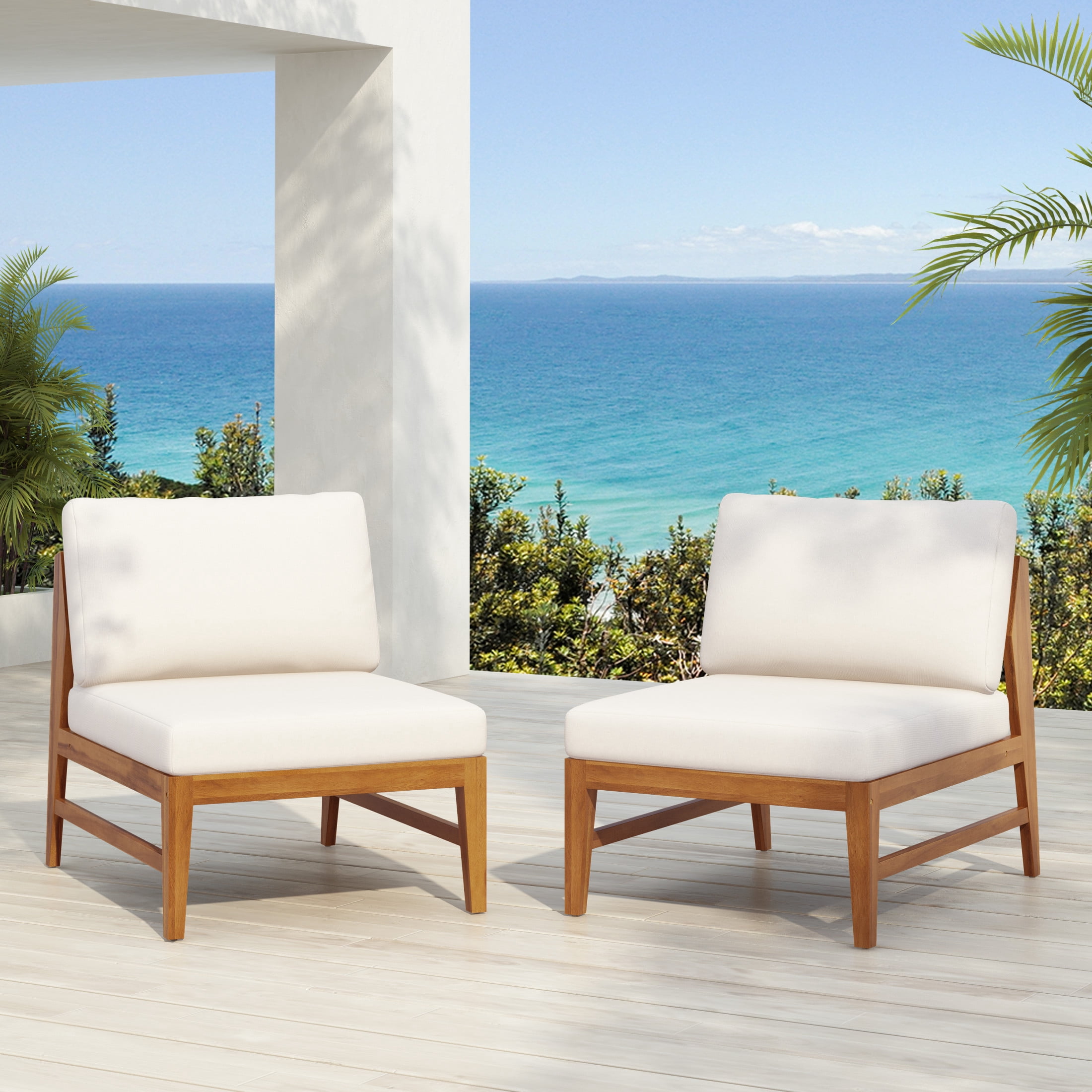 Christopher Knight Home Outdoor Patio Armless Deep Seating Chairs, Acacia Wood Frame, Cream Cushions, Teak, Set of 2
