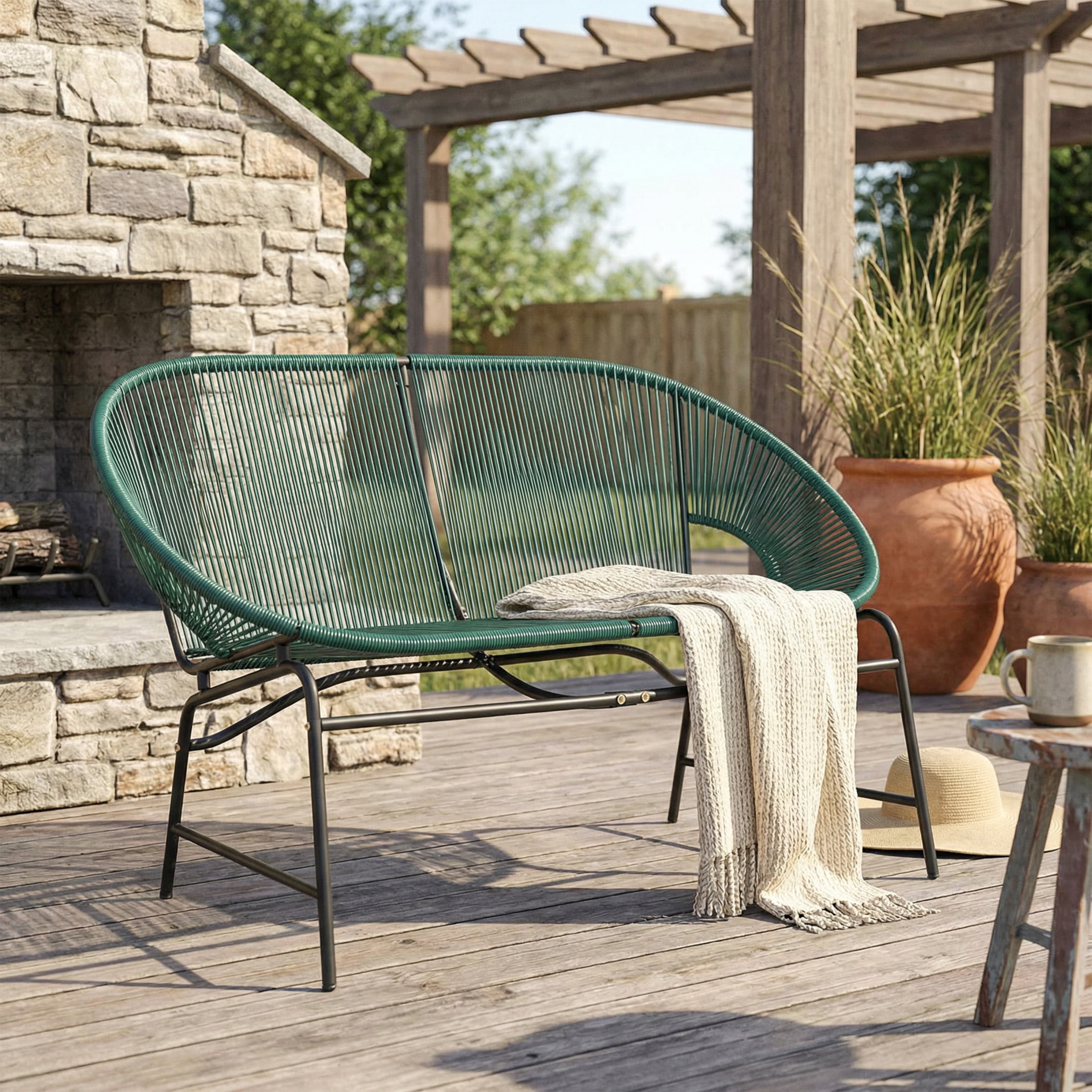 Christopher Knight Home Outdoor Patio Basket Loveseat, Hammock Weave Design, Metal Frame, Teal