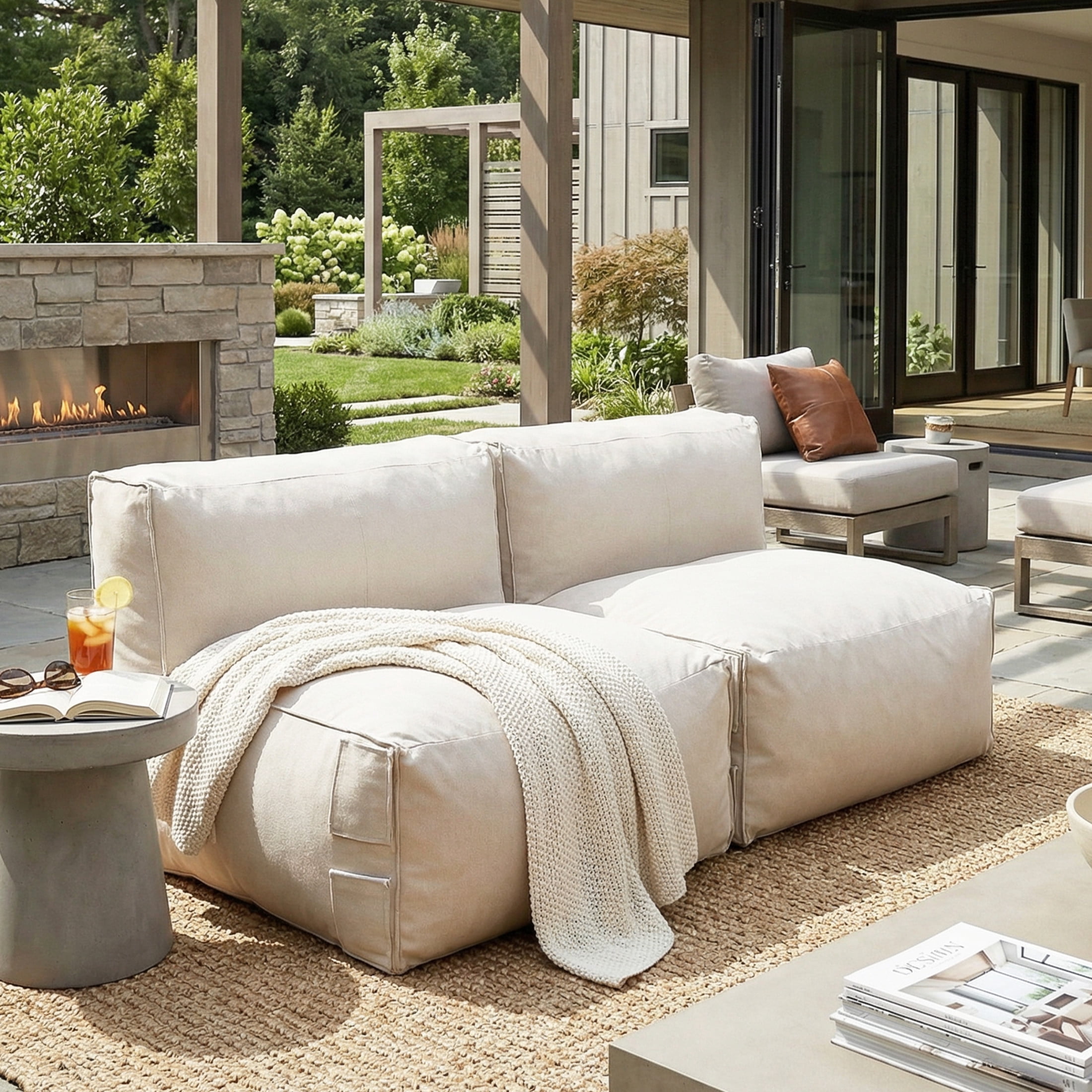 Christopher Knight Home Outdoor Patio Bean Bag Armless Sofa, Lounge Chair with Foam Fill, Beige, Set of 2