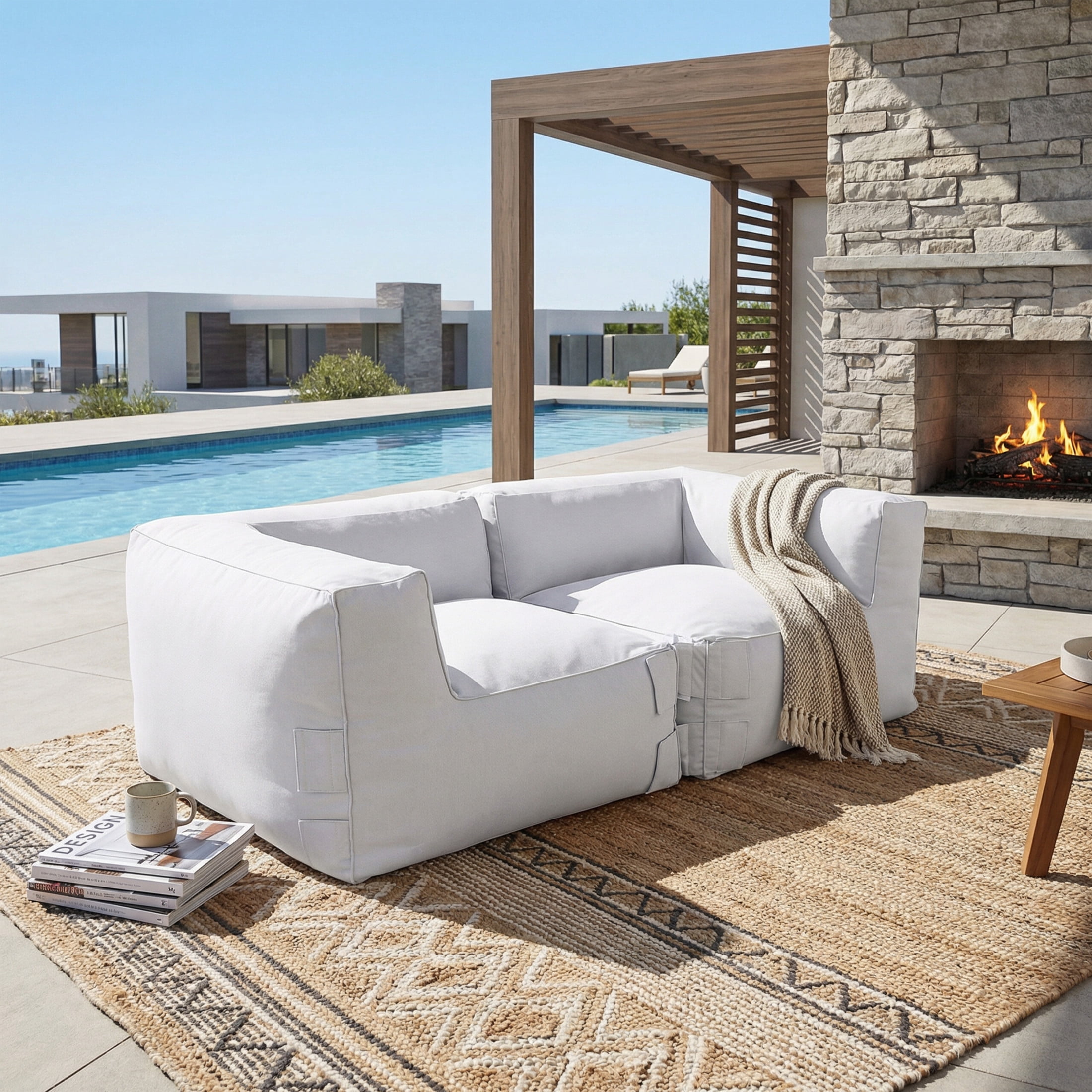 Christopher Knight Home Outdoor Patio Bean Bag Corner Sofa, Lounge Chair with Foam Fill, Light Gray, Set of 2