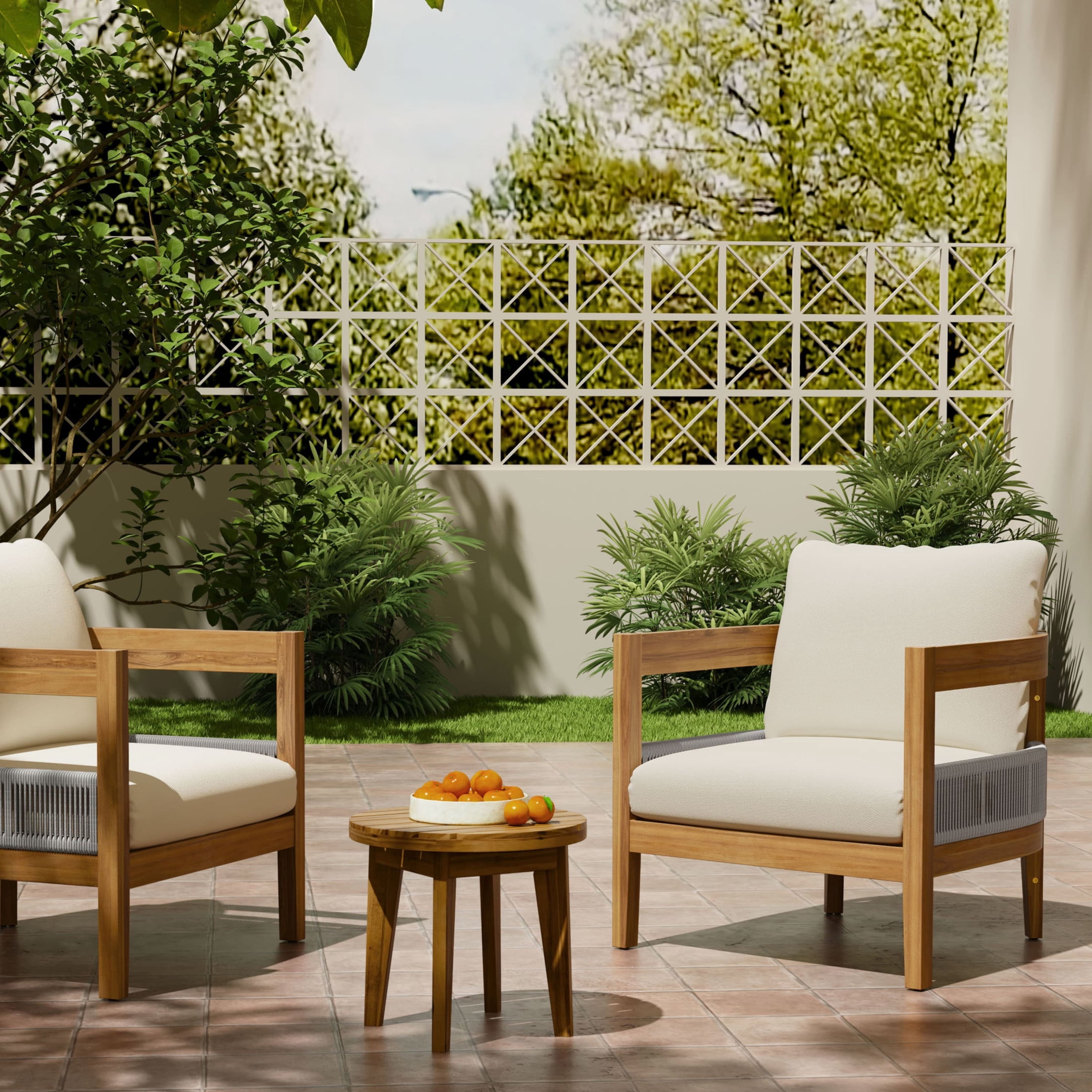 Christopher Knight Home Outdoor Patio Club Chair & Side Table Set, Rope Woven Accents, Acacia Wood Frame, Teak+Beige
