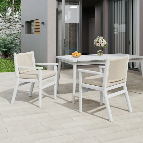 Christopher Knight Home Outdoor Patio Dining Chairs, Wood Arm Chair with Cushion, Rope Back, White, Set of 2