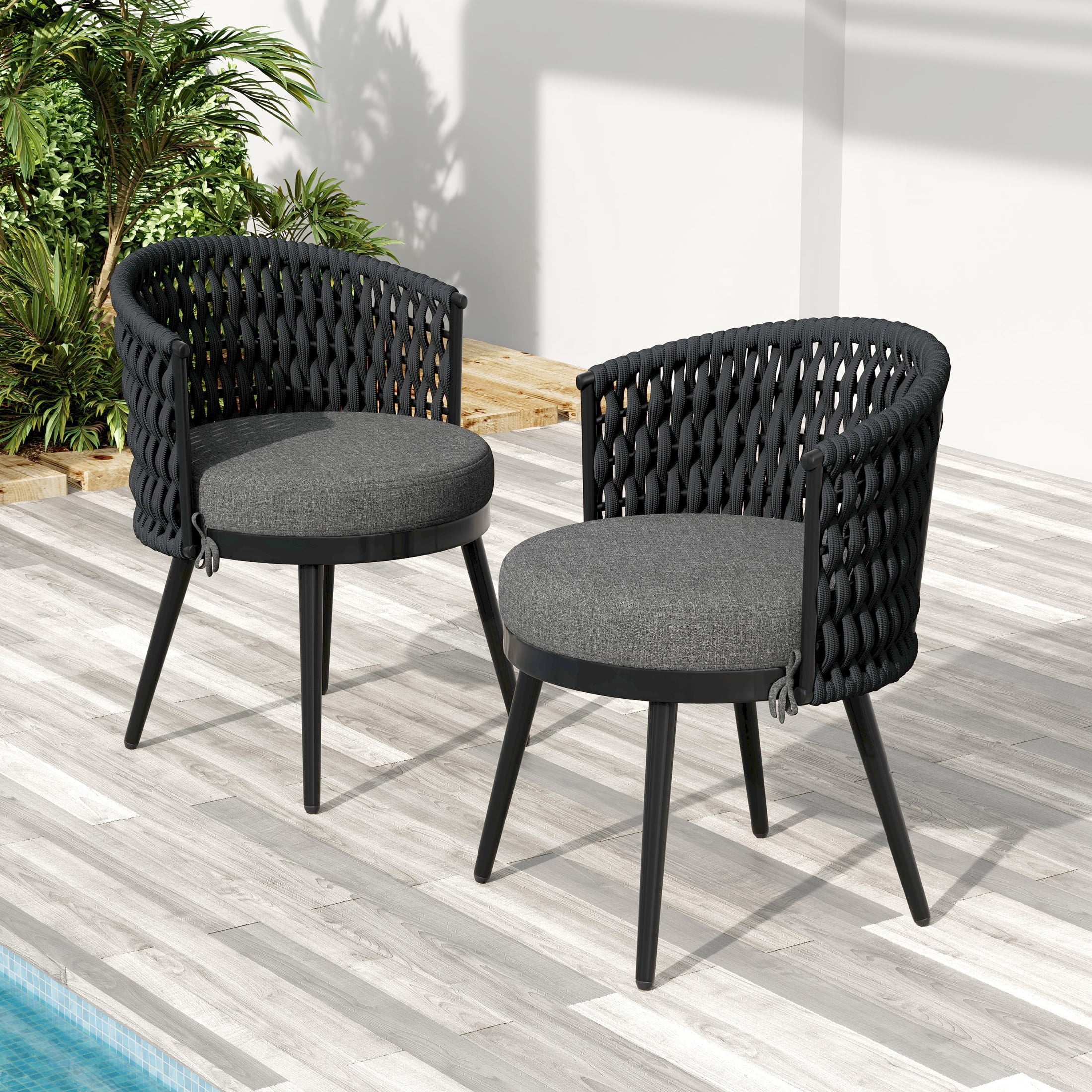 Christopher Knight Home Outdoor Patio Dining Chairs with Metal Frame, Rope Back and Dark Gray Cushions, Set of 2