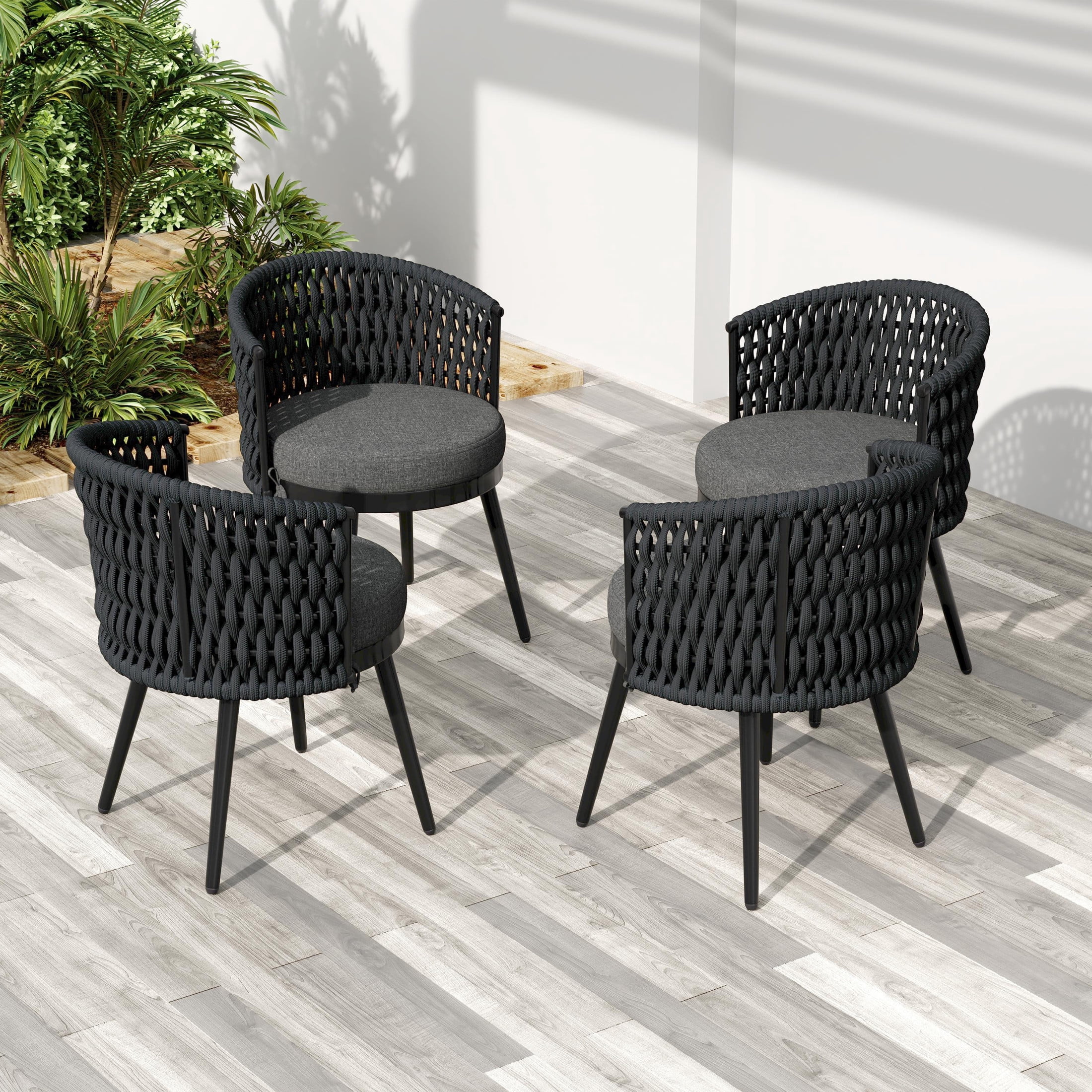 Christopher Knight Home Outdoor Patio Dining Chairs with Metal Frame, Rope Back and Dark Gray Cushions, Set of 4