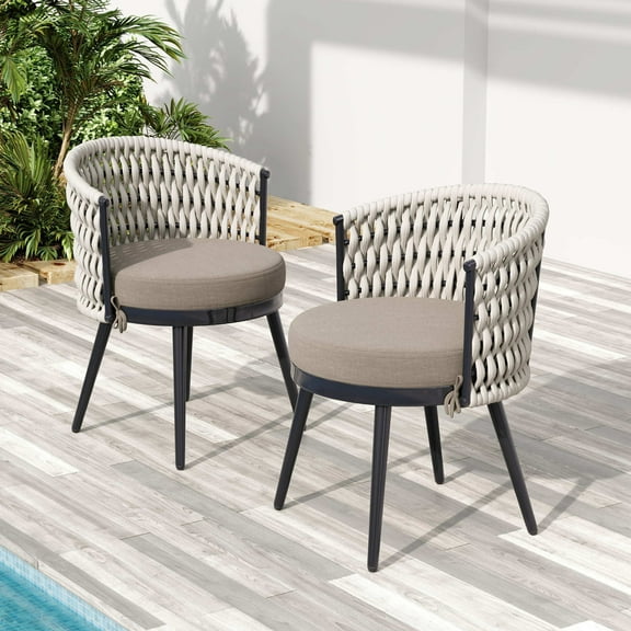 Christopher Knight Home Outdoor Patio Dining Chairs with Metal Frame, Rope Back and Khaki Cushions, Set of 2
