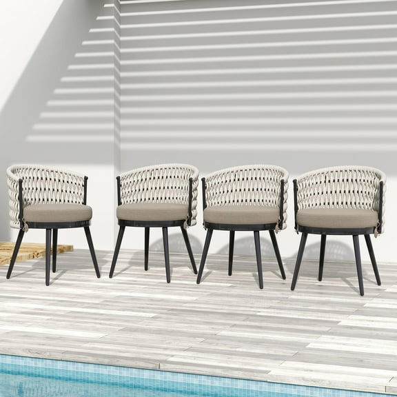 Christopher Knight Home Outdoor Patio Dining Chairs with Metal Frame, Rope Back and Khaki Cushions, Set of 4