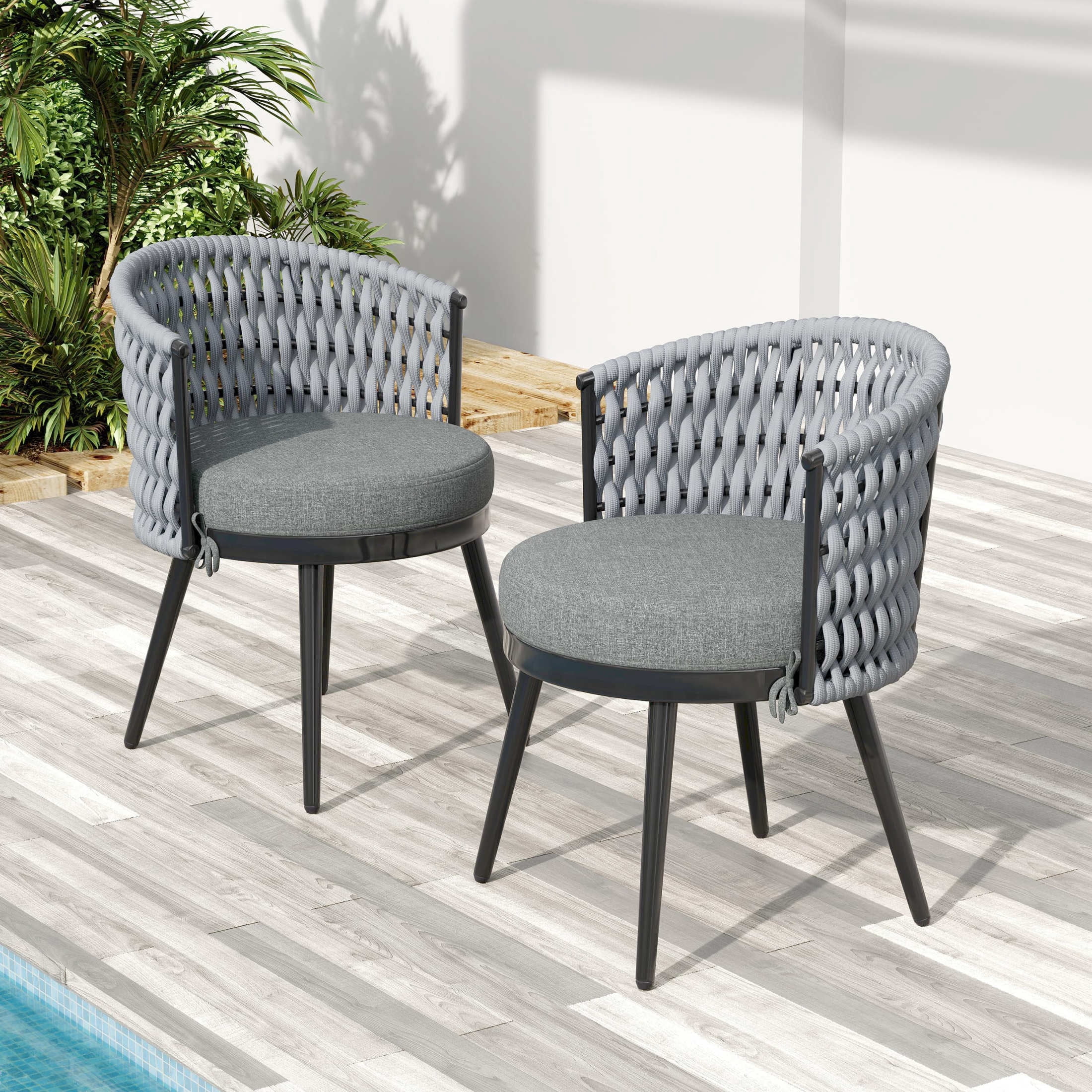 Christopher Knight Home Outdoor Patio Dining Chairs with Metal Frame, Rope Back and Light Gray Cushions, Set of 2