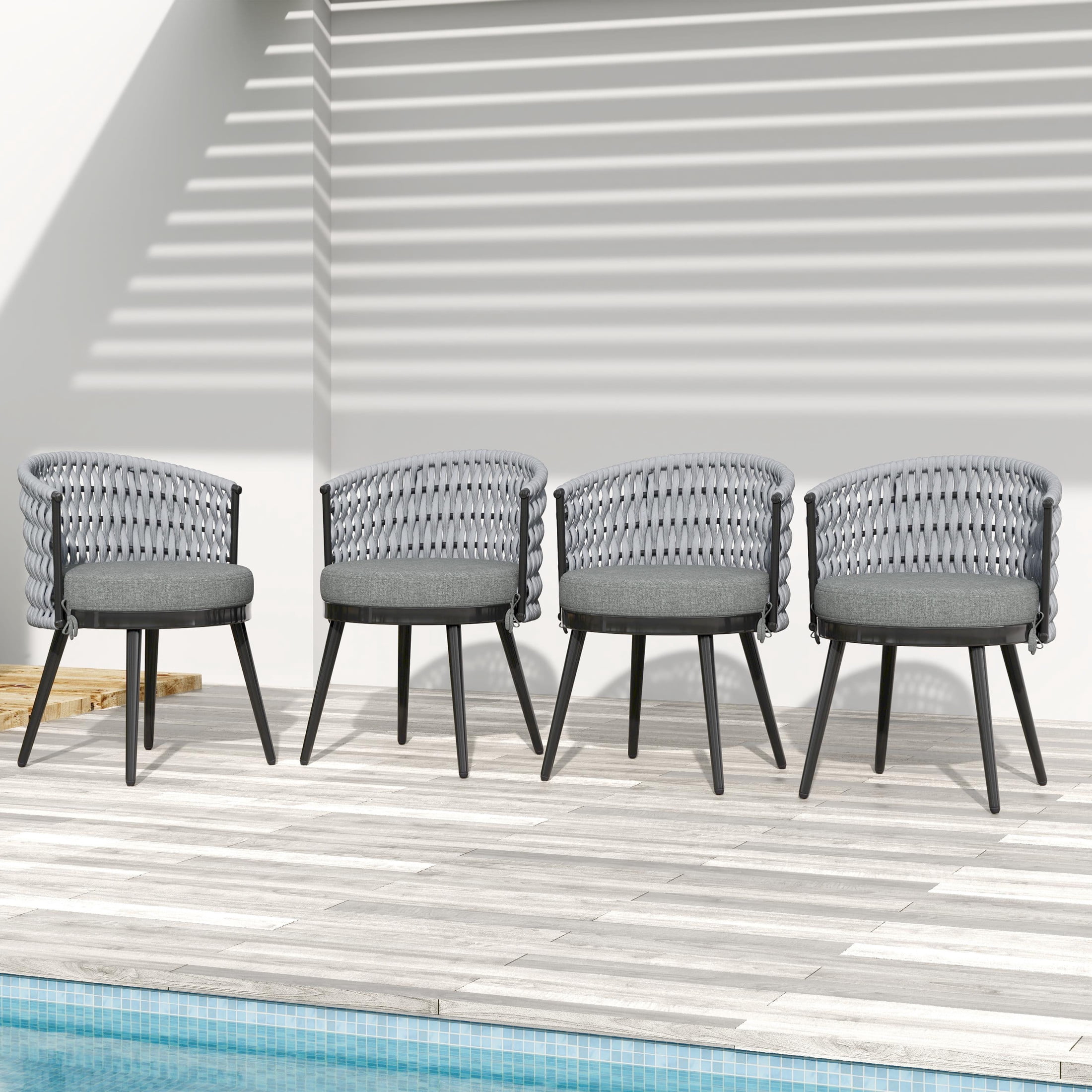 Christopher Knight Home Outdoor Patio Dining Chairs with Metal Frame, Rope Back and Light Gray Cushions, Set of 4
