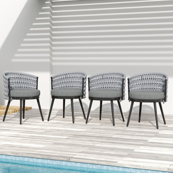 Christopher Knight Home Outdoor Patio Dining Chairs with Metal Frame, Rope Back and Light Gray Cushions, Set of 4