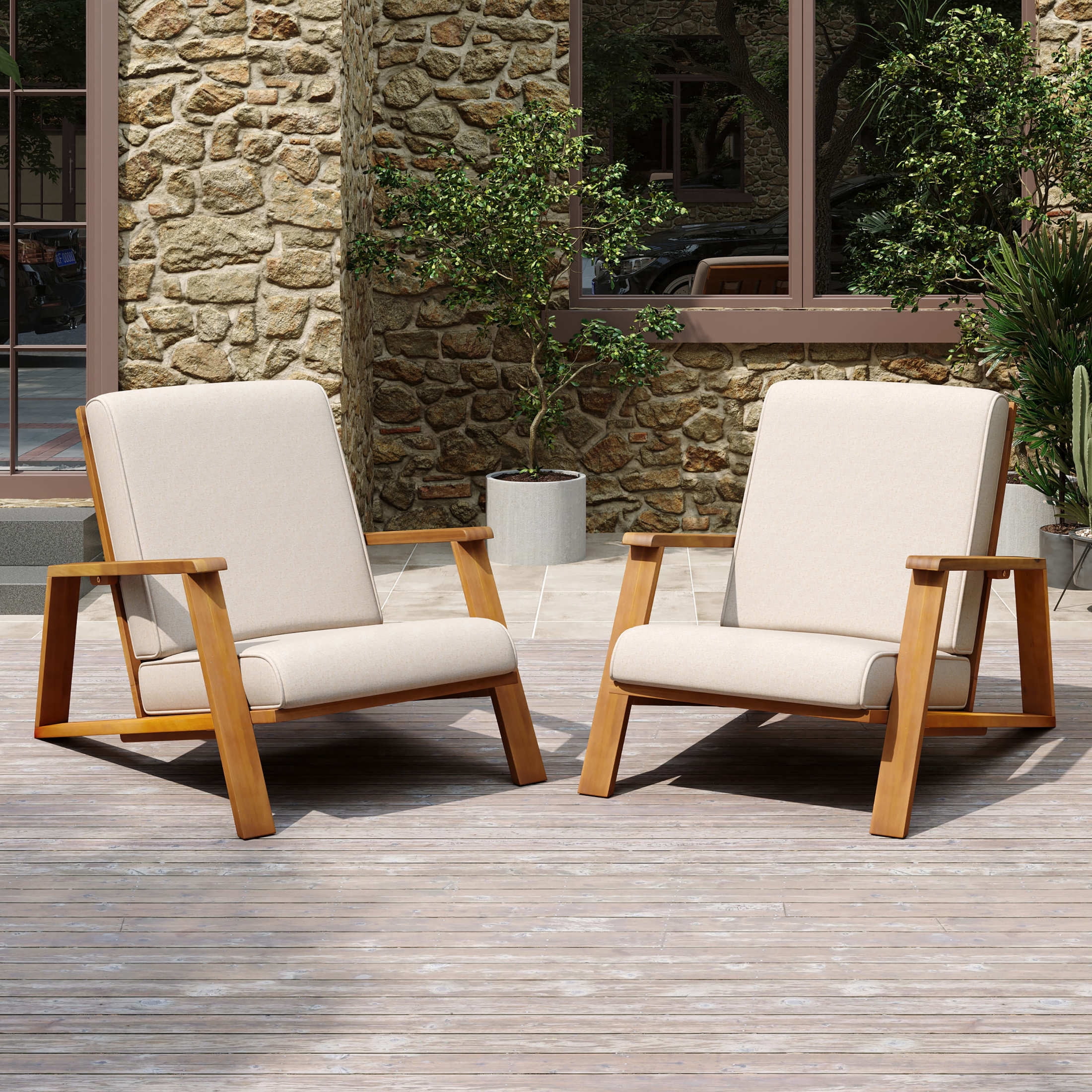 Christopher Knight Home Outdoor Patio Lounge Chair, Wood Frame with Deep Seating, Beige Cushions, Teak Finish, Set of 2