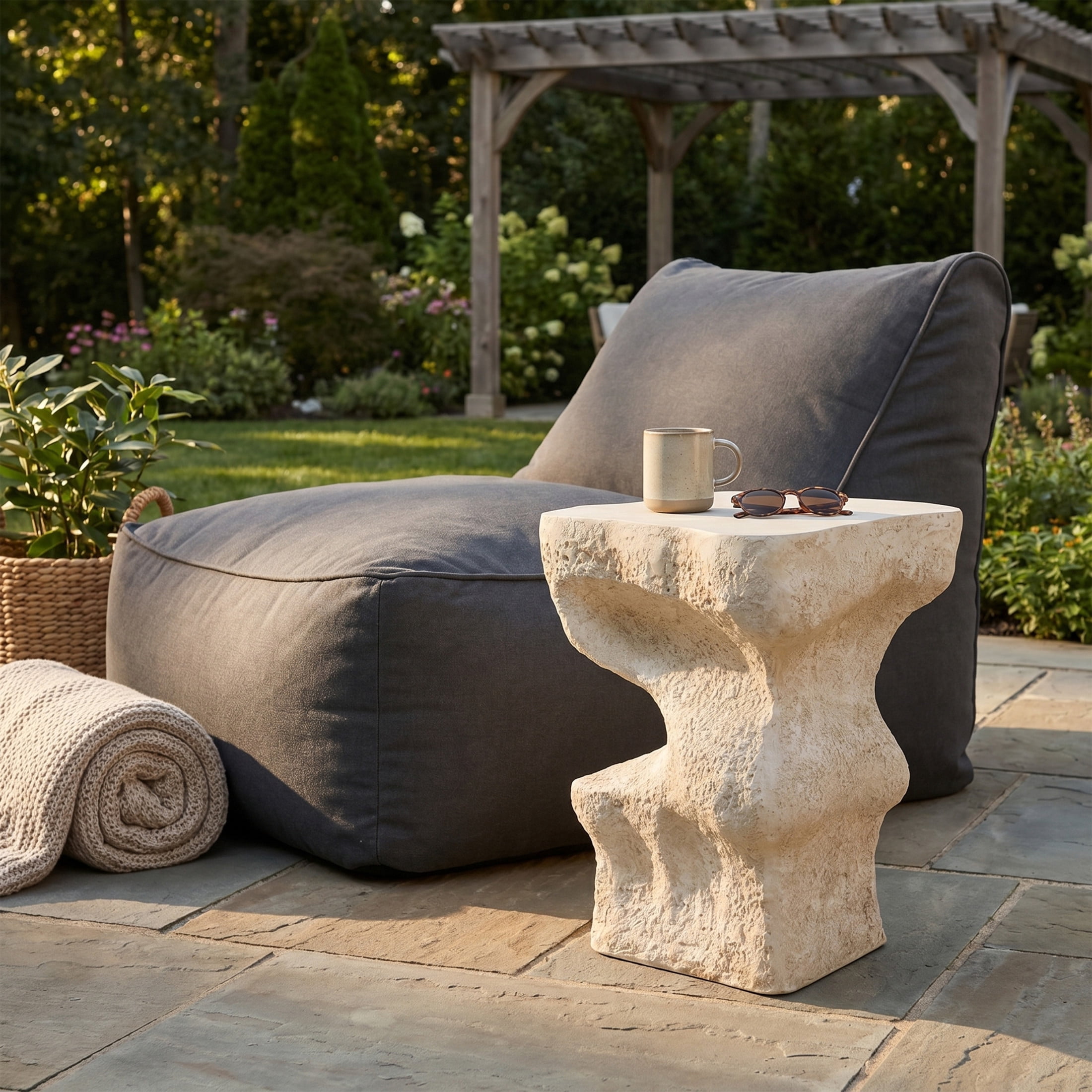 Christopher Knight Home Outdoor Patio MGO Accent Side Table, Abstract Wavy Stone-Look Design, Beige
