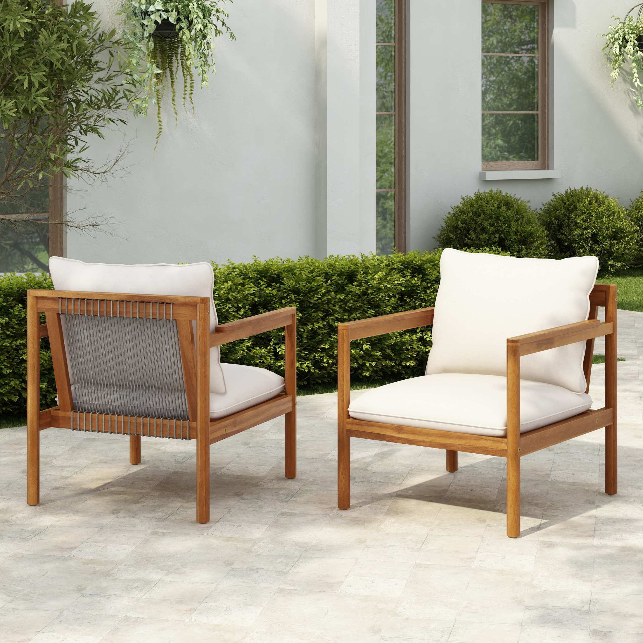 Christopher Knight Home Outdoor Patio Rope Back Chairs, Water-Repellent Cushions, Acacia Wood Frame, Cream+Teak, Set of 2