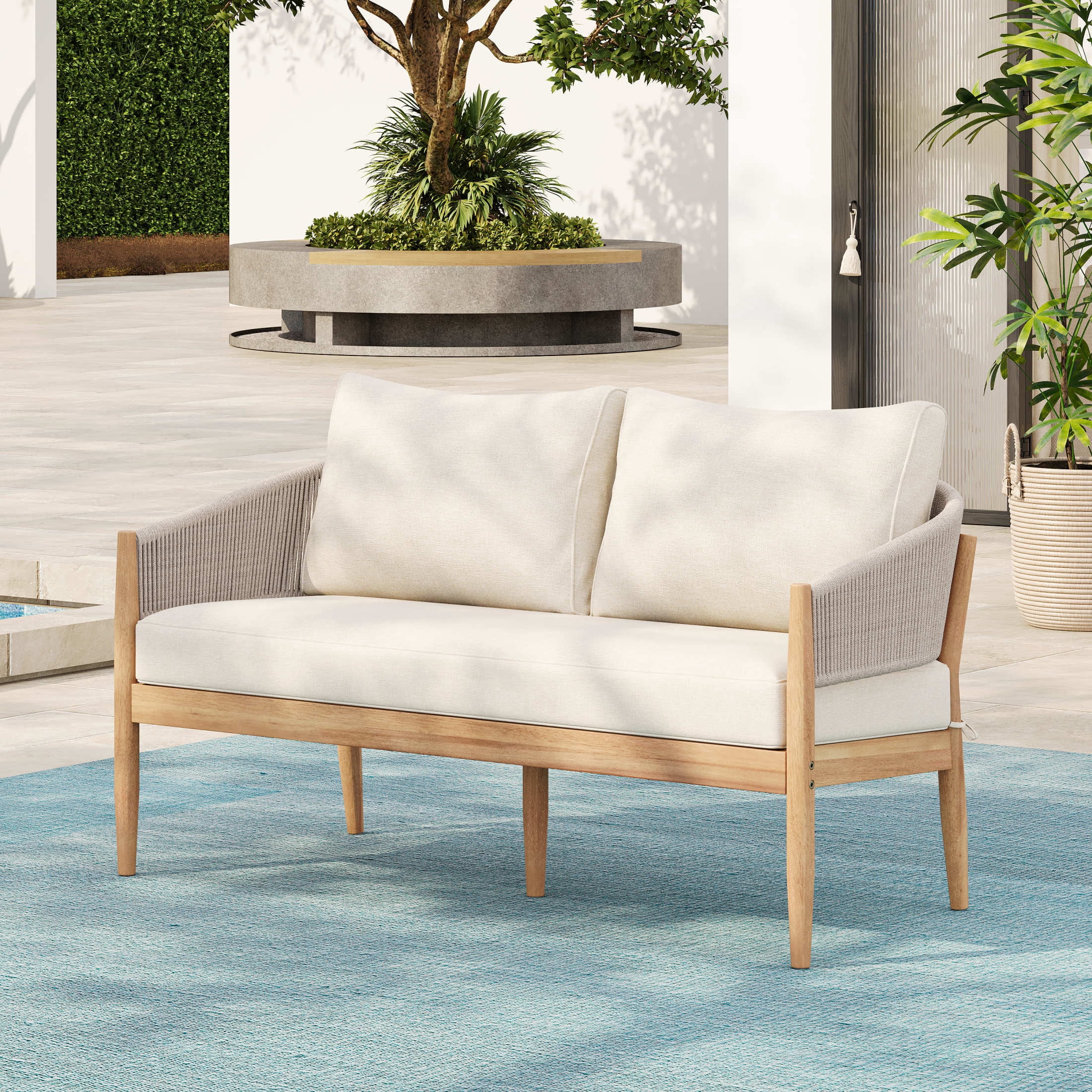 Christopher Knight Home Outdoor Patio Sofa Loveseat, Wood Frame with Cushion and Light Brown Rope