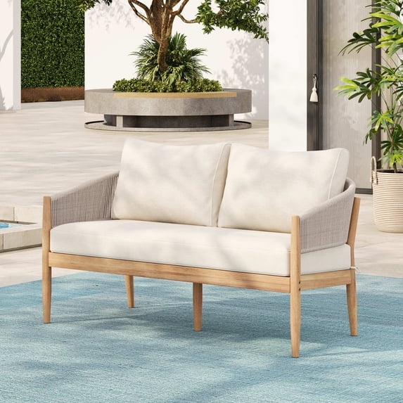 Christopher Knight Home Outdoor Patio Sofa Loveseat, Wood Frame with Cushion and Light Brown Rope