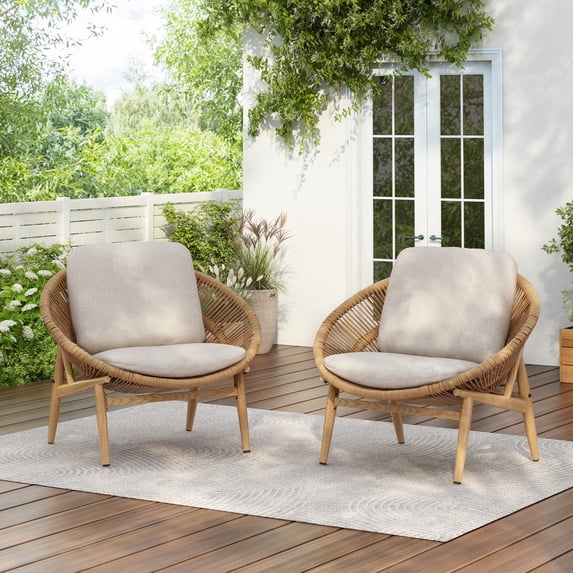 Christopher Knight Home Outdoor Rattan Lounge Chair with Removable Beige Cushions, Light Brwon, Set of 2