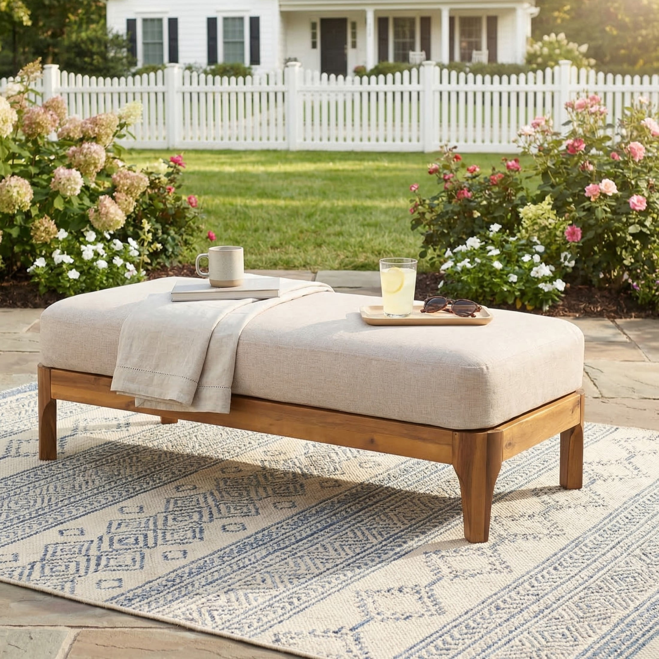 Christopher Knight Home Outdoor Rectangle Ottoman, Acacia Wood Patio Bench with Cushion, Teak + Beige