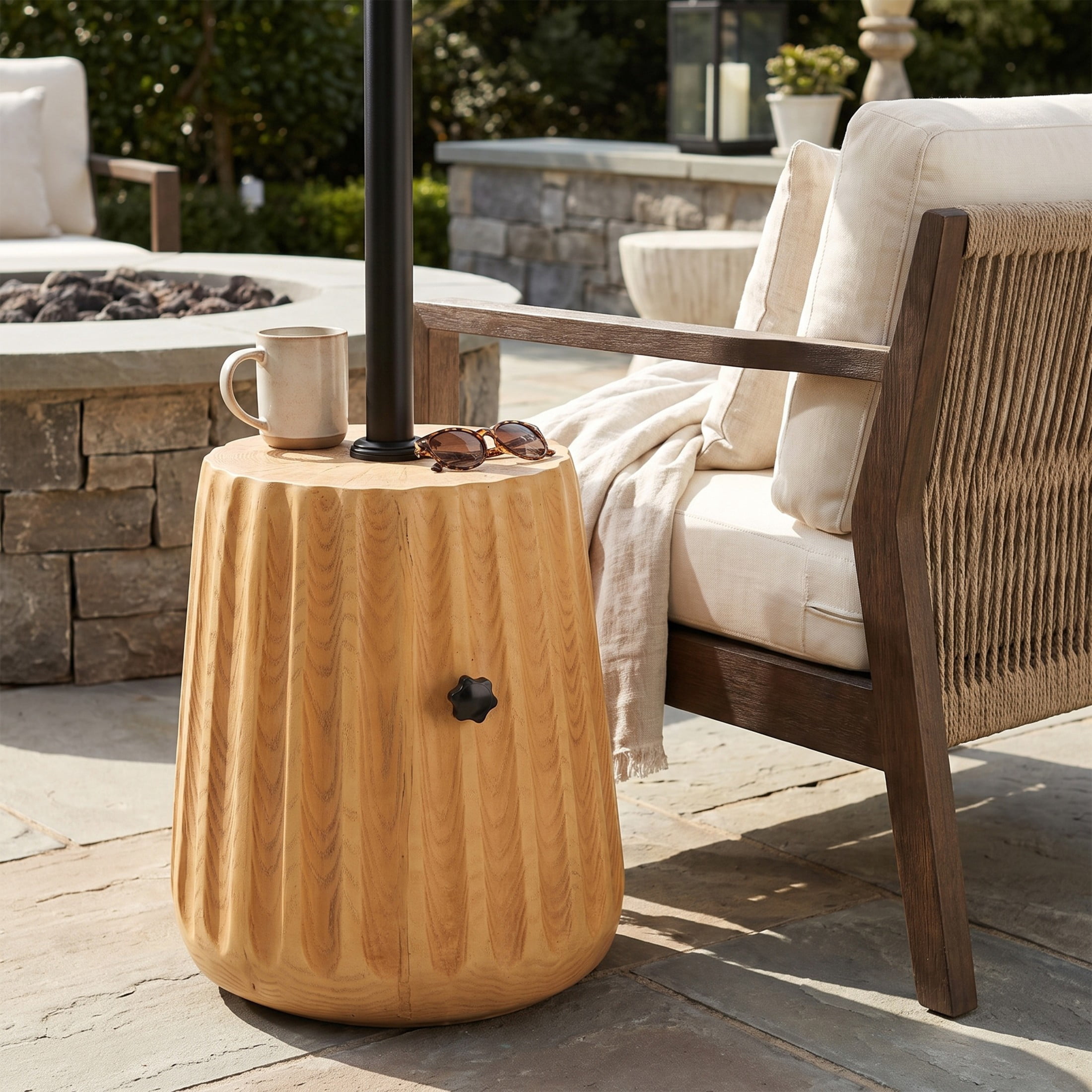 Christopher Knight Home Outdoor Ribbed Wood Grain MGO Umbrella Base Side Table, Sand Fillable, Wood