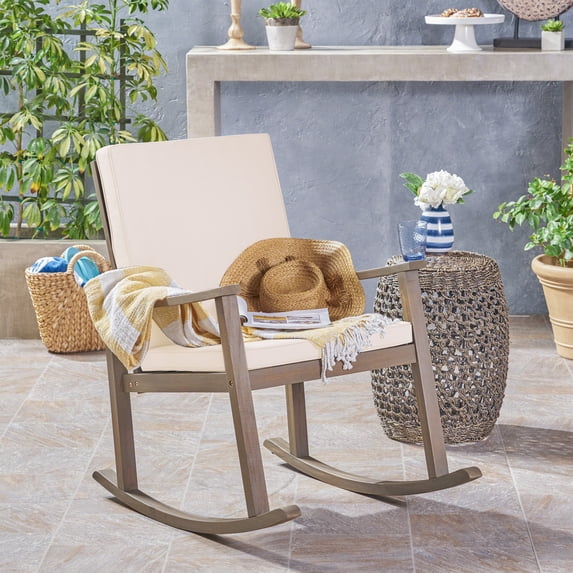 Christopher Knight Home Outdoor Rocking Chair, Acacia Wood Frame with Cushions, Cross-Back Design, Cream+Gray
