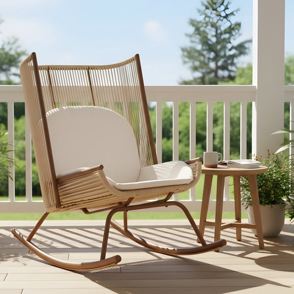 Christopher Knight Home Outdoor Rocking Chair, PE Rattan Backrest with Cushion, Beige