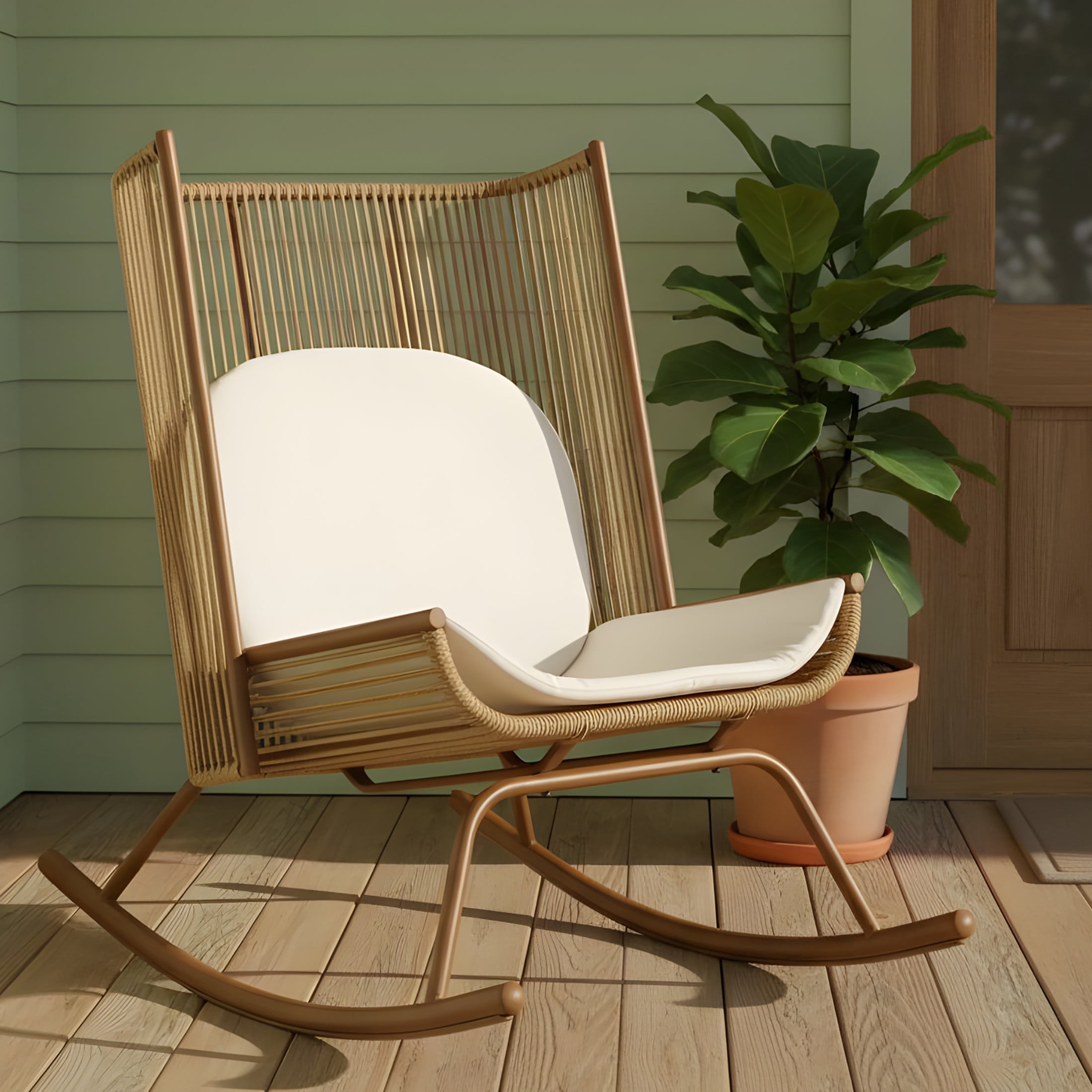 Christopher Knight Home Outdoor Rocking Chair, PE Rattan Backrest with Cushion, Brown