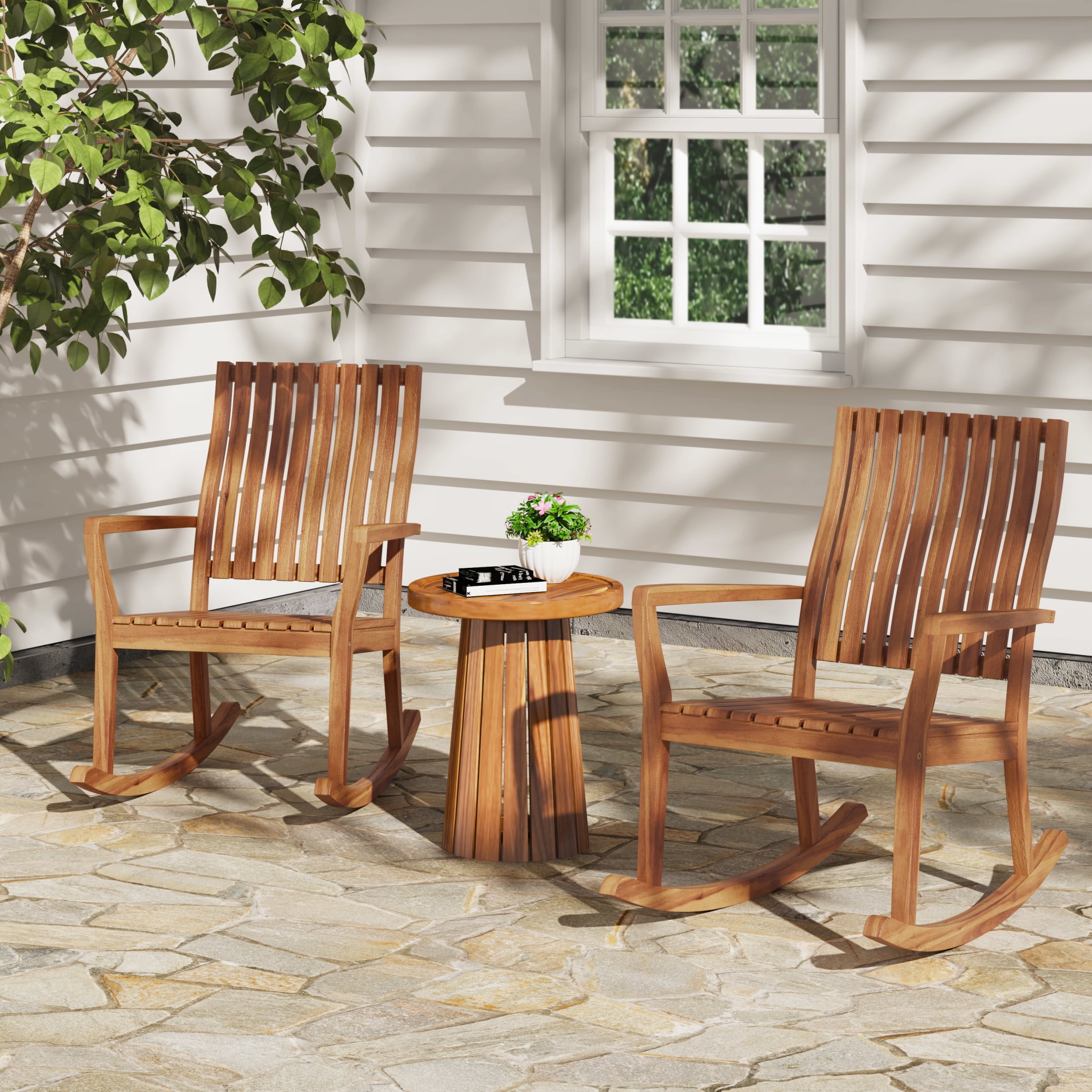 Christopher Knight Home Outdoor Rocking Chair, Patio Rocker with Solid Wood Frame, Teak Finish, Set of 2