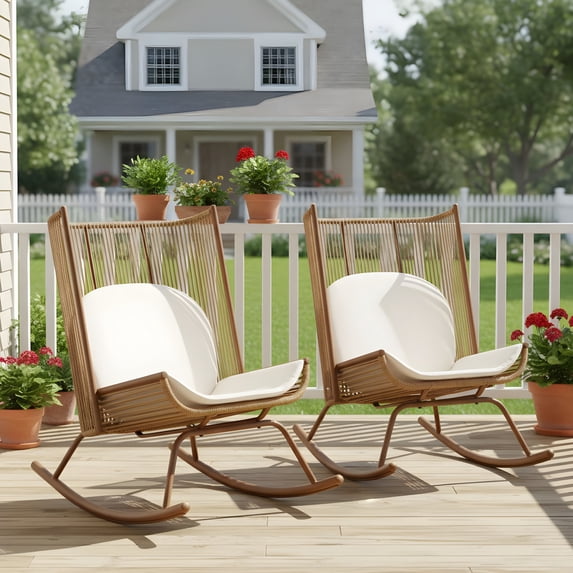 Christopher Knight Home Outdoor Rocking Chair Set of 2, PE Rattan Backrest with Cushion, Brown