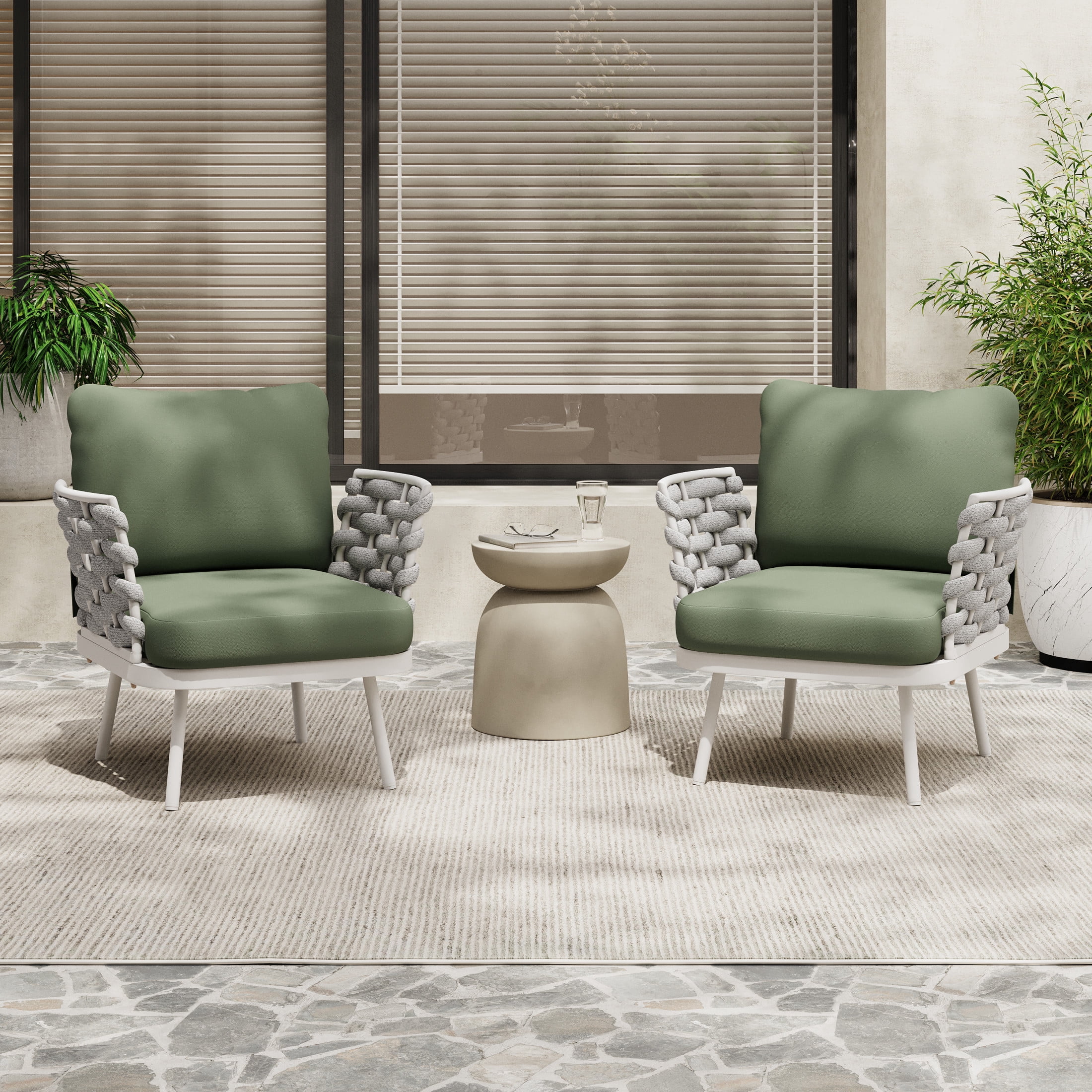 Christopher Knight Home Outdoor Rope Woven Lounge Chairs with Cushions, Steel Frame, Off White+Green, Set of 2