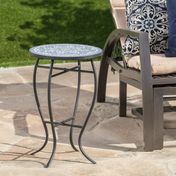 Christopher Knight Home Outdoor Round Side Table with Mosaic Ceramic Tile Top and Curved Iron Legs, Blue+White
