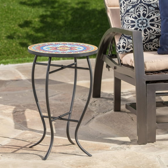Christopher Knight Home Outdoor Round Side Table with Mosaic Ceramic Tile Top and Curved Iron Legs, Red