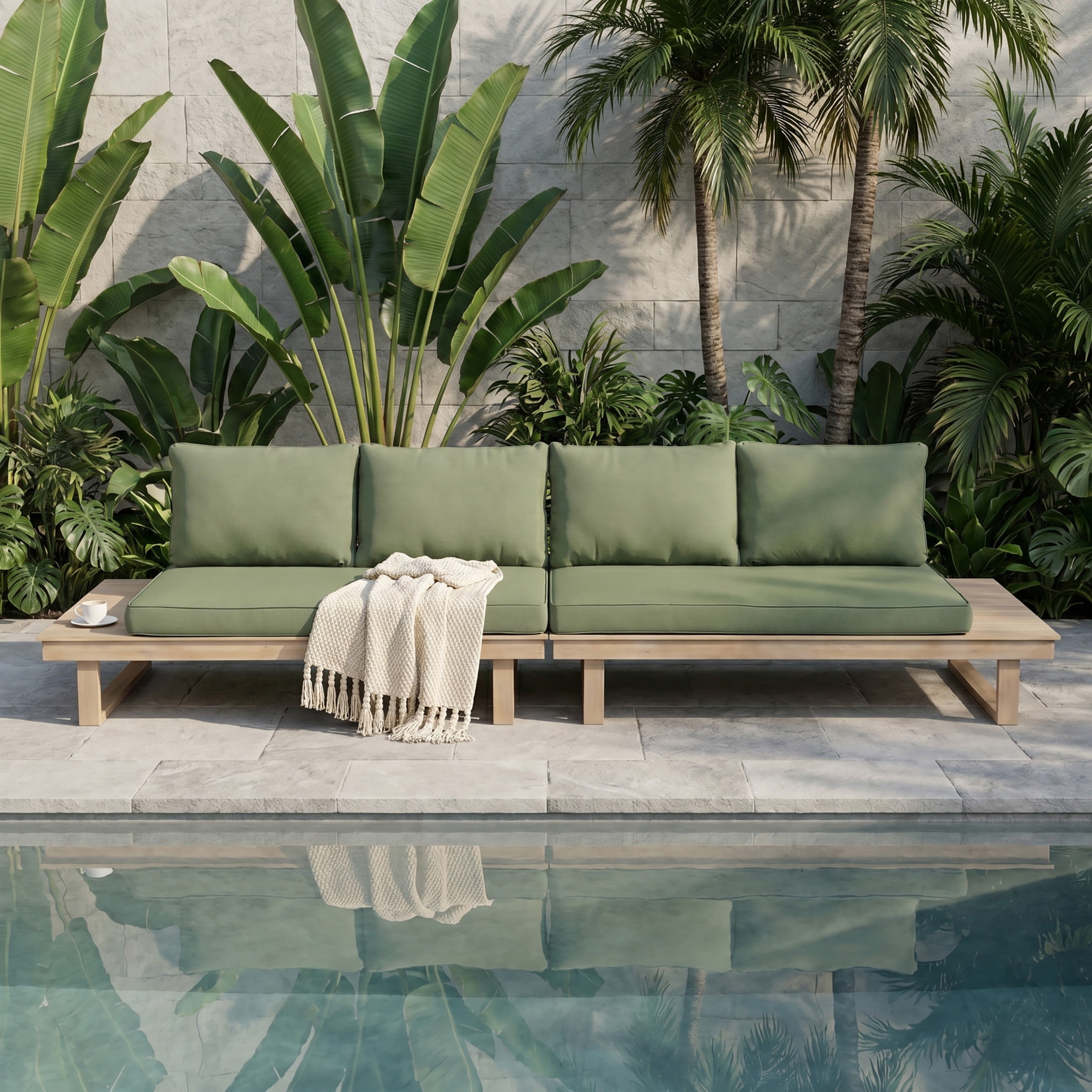 Christopher Knight Home Outdoor Sectional Sofa with Built-In Side Tables, Light White+Green Cushion