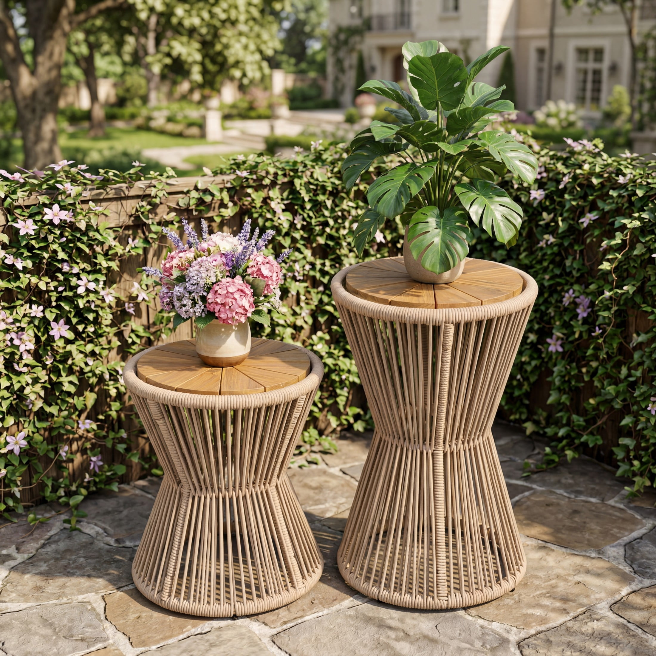 Christopher Knight Home Outdoor Side Table Set of 2, Woven Rope Patio End Tables, Beige + Light Teak