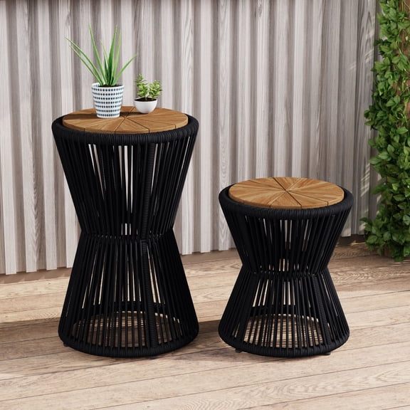 Christopher Knight Home Outdoor Side Table Set of 2, Woven Rope Patio End Tables, Black + Teak