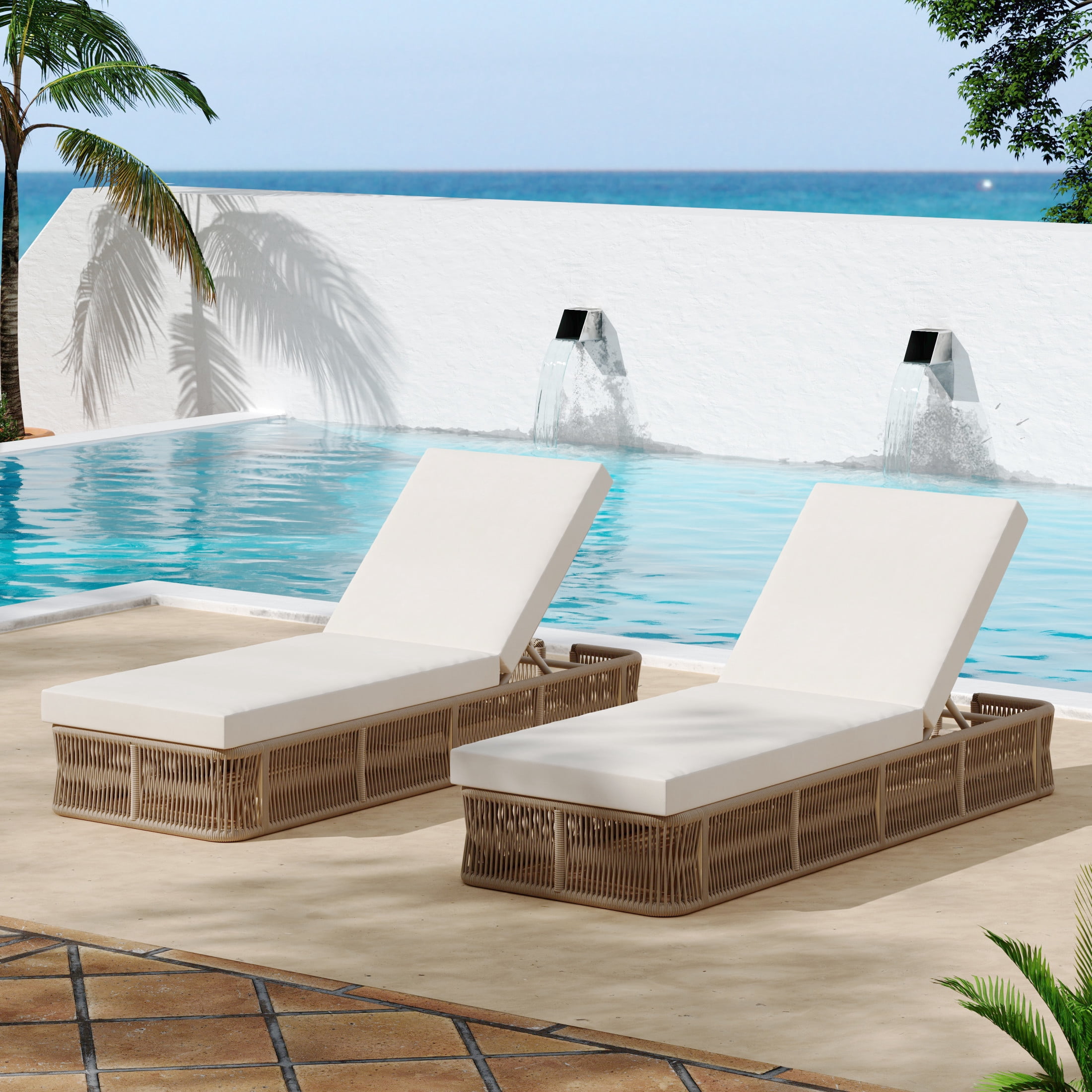 Christopher Knight Home Outdoor Sun Lounge Chair with Cream Cushion, Adjustable Backrest, Beige Frame, Set of 2