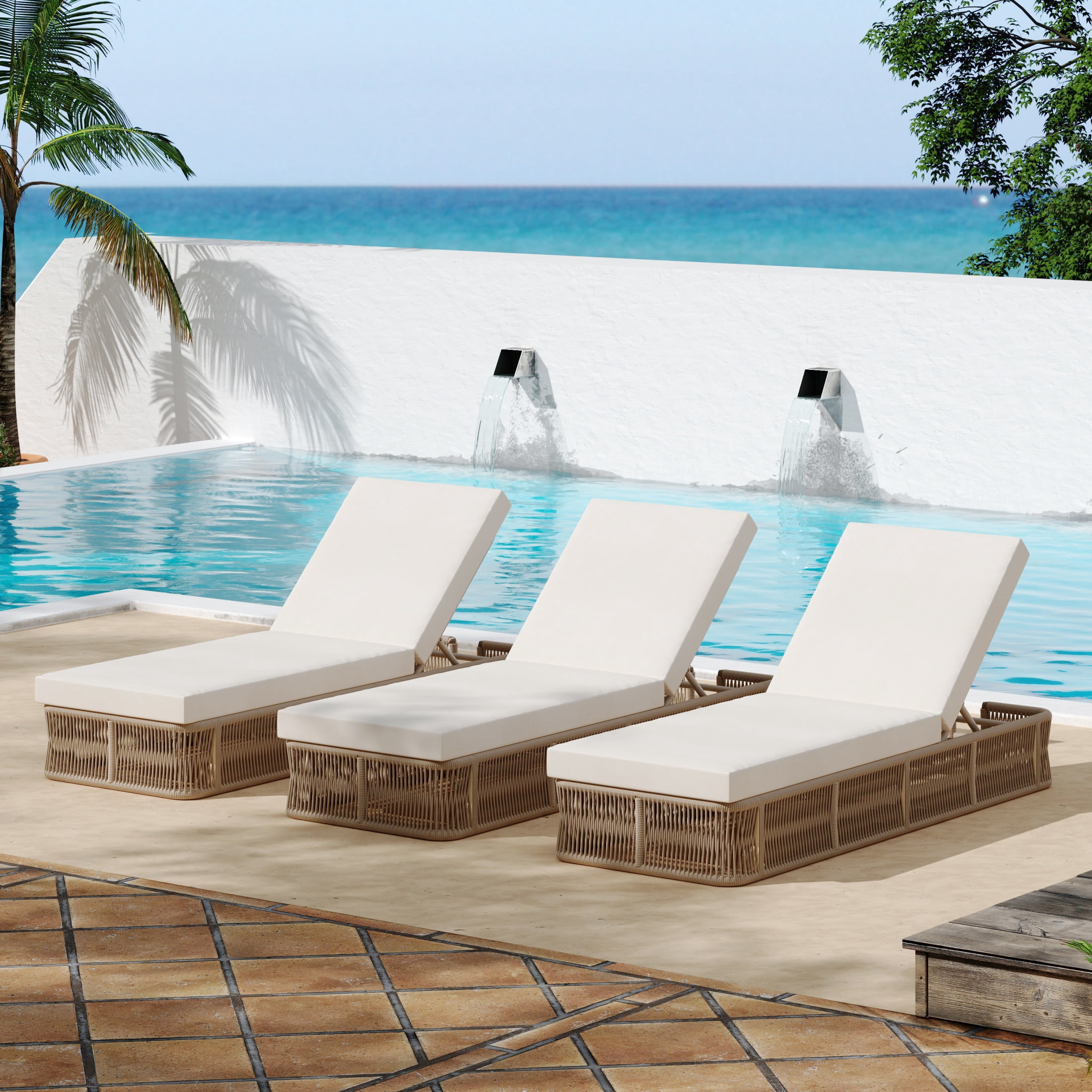 Christopher Knight Home Outdoor Sun Lounge Chair with Cream Cushion, Adjustable Backrest, Beige Frame, Set of 3